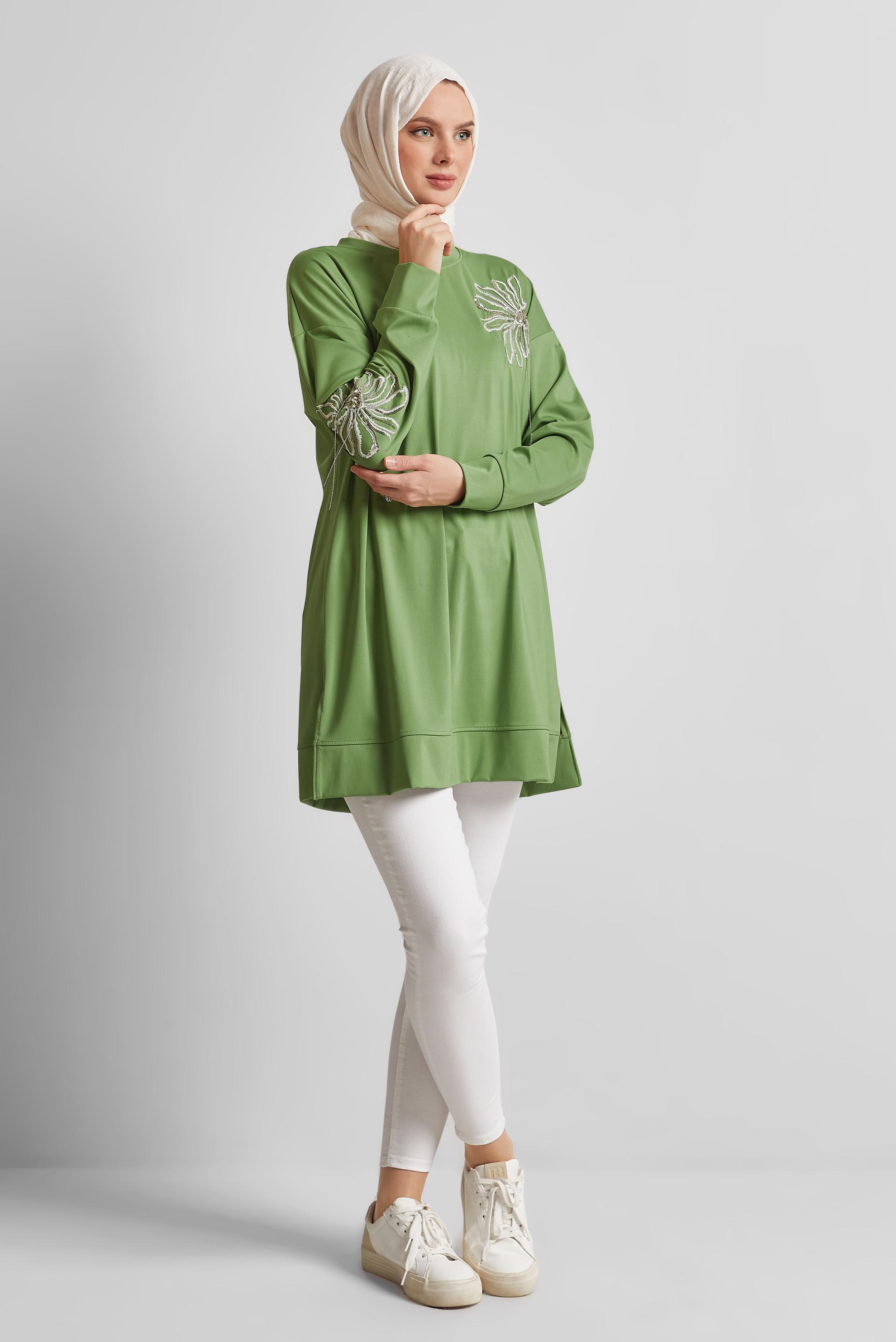 Tesettür giyim YEŞİL ZİNCİR DETAYLI EŞOFMAN TUNİK 44638