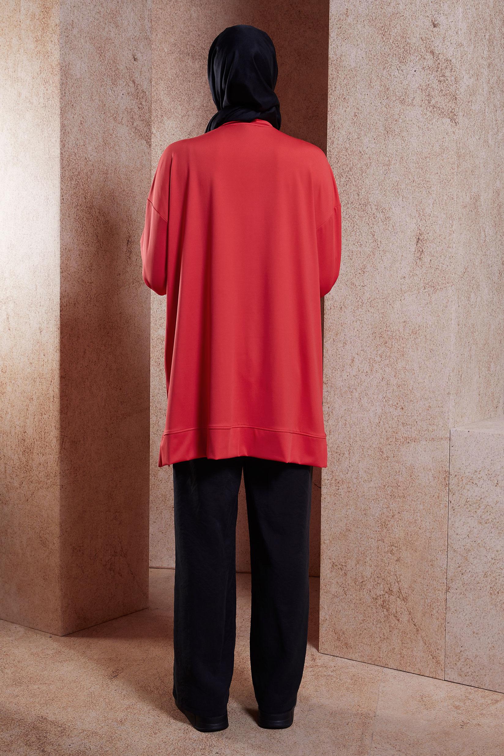 Tesettür giyim KIRMIZI ZİNCİR DETAYLI EŞOFMAN TUNİK 44638