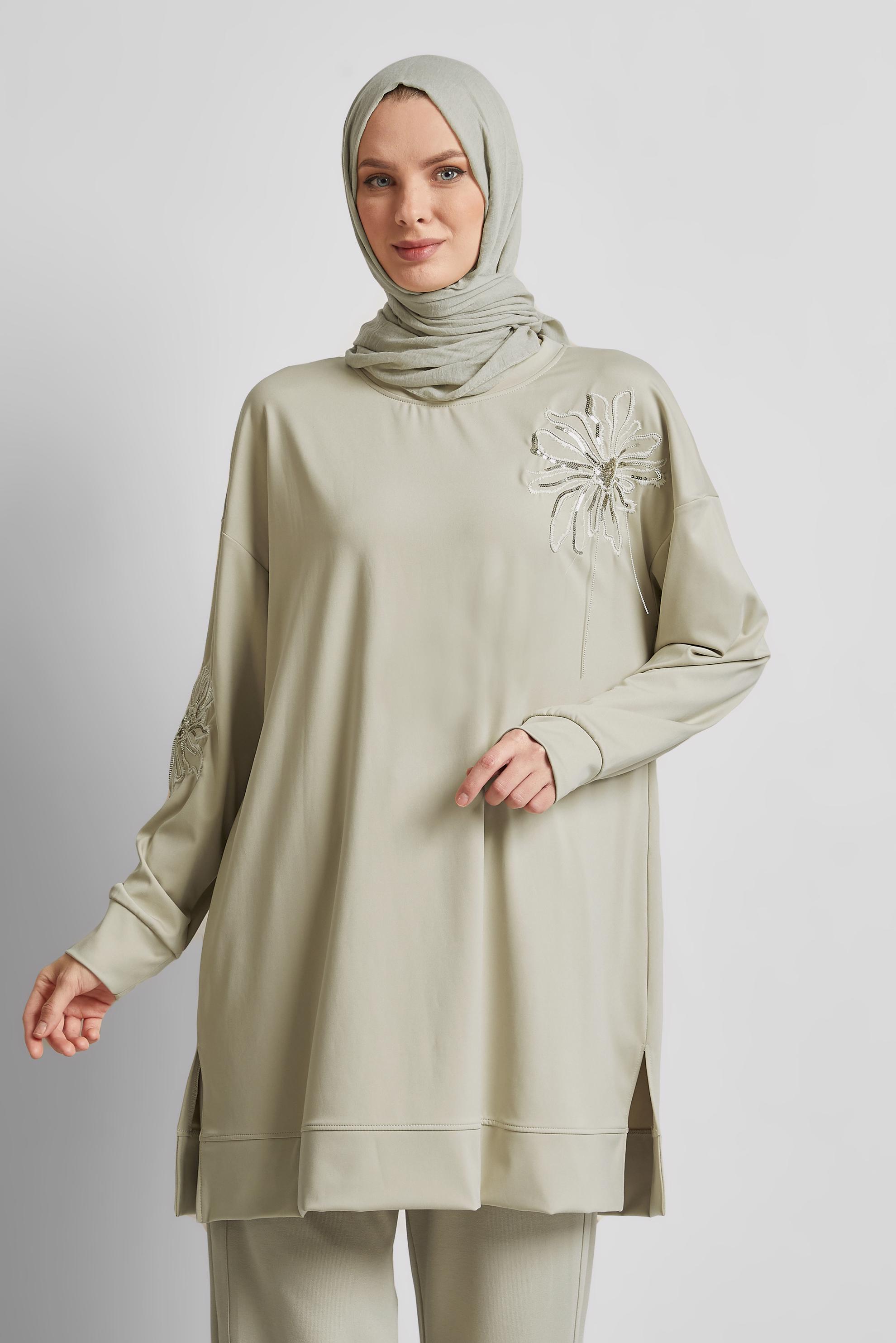 Tesettür giyim BEJ ZİNCİR DETAYLI EŞOFMAN TUNİK 44638