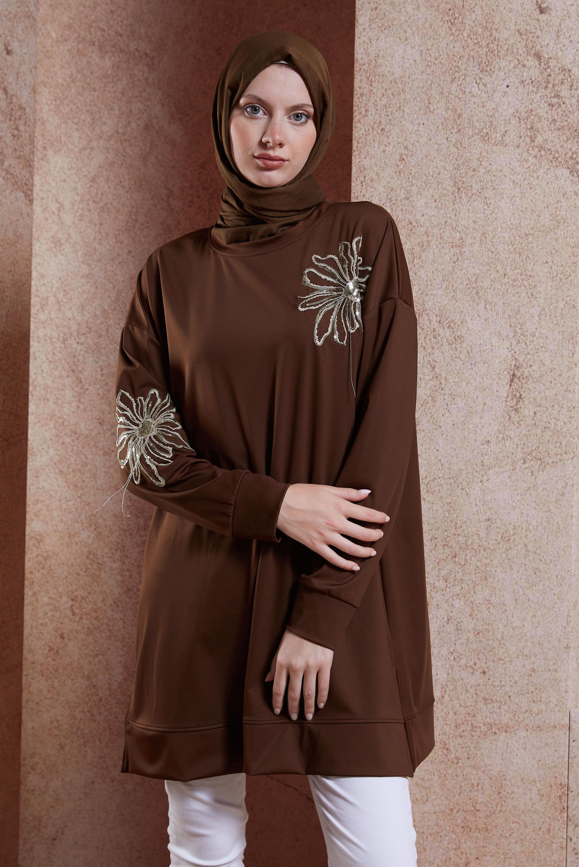 Tesettür giyim KAHVE ZİNCİR DETAYLI EŞOFMAN TUNİK 44638