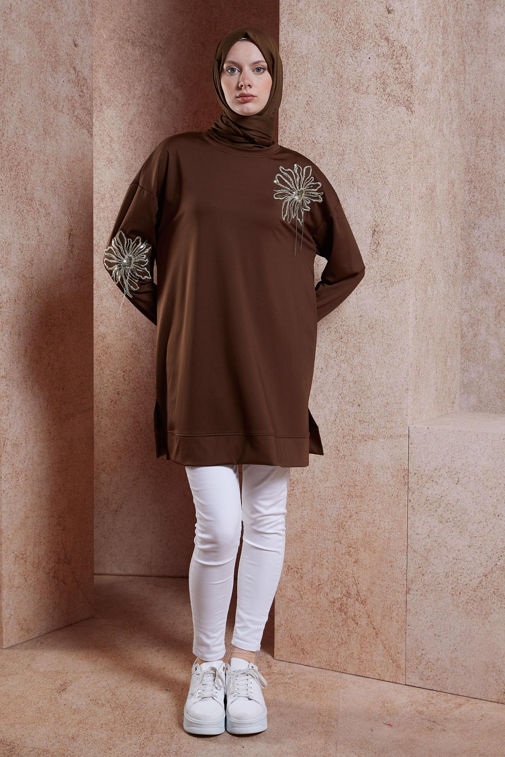 Tesettür giyim KAHVE ZİNCİR DETAYLI EŞOFMAN TUNİK 44638