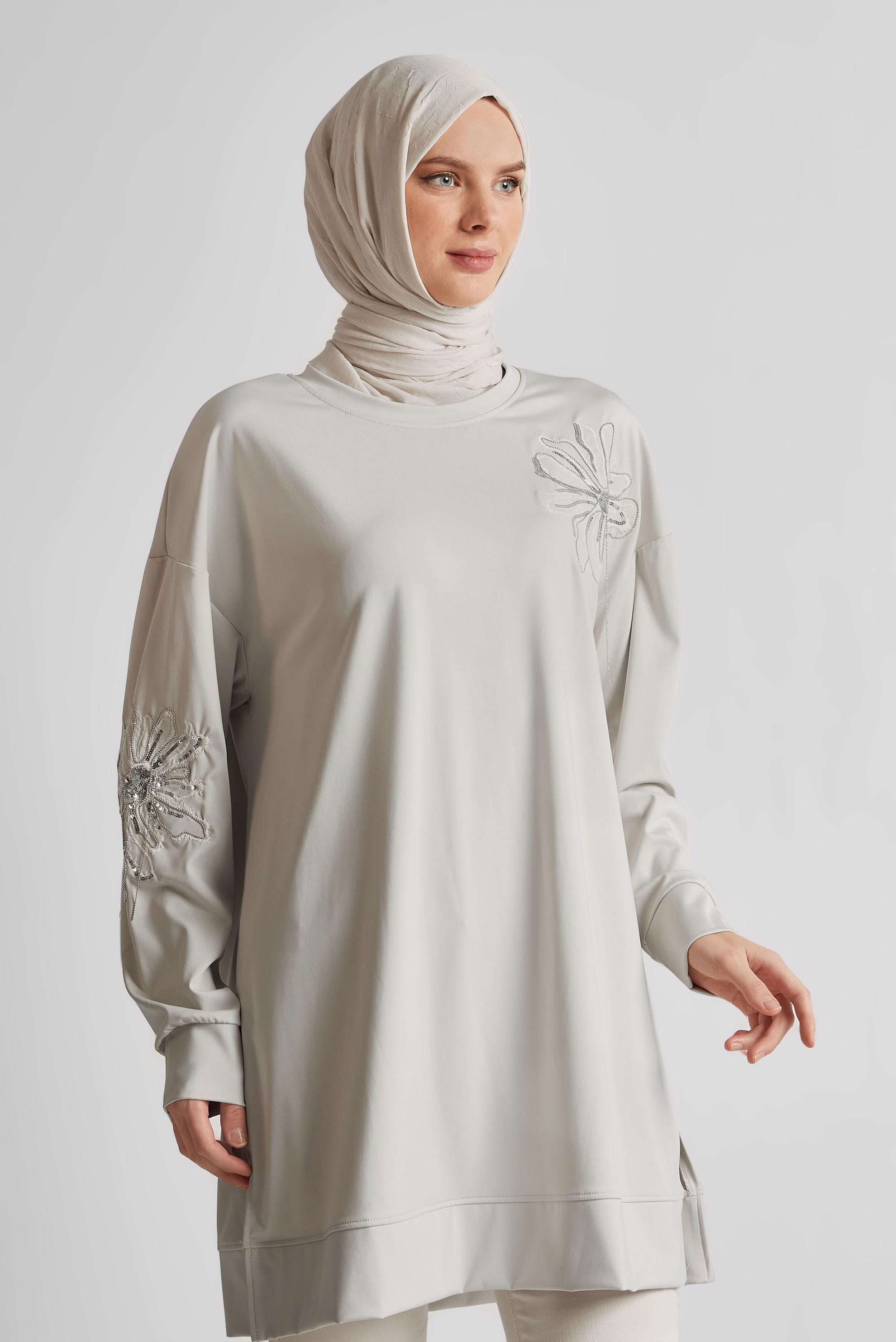 Tesettür giyim BEJ ZİNCİR DETAYLI EŞOFMAN TUNİK 44638