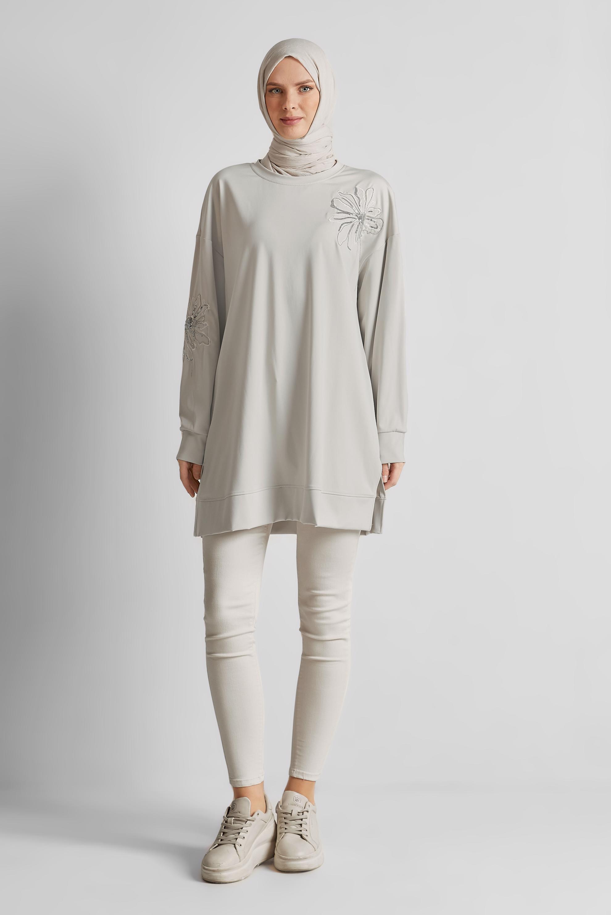 Tesettür giyim BEJ ZİNCİR DETAYLI EŞOFMAN TUNİK 44638