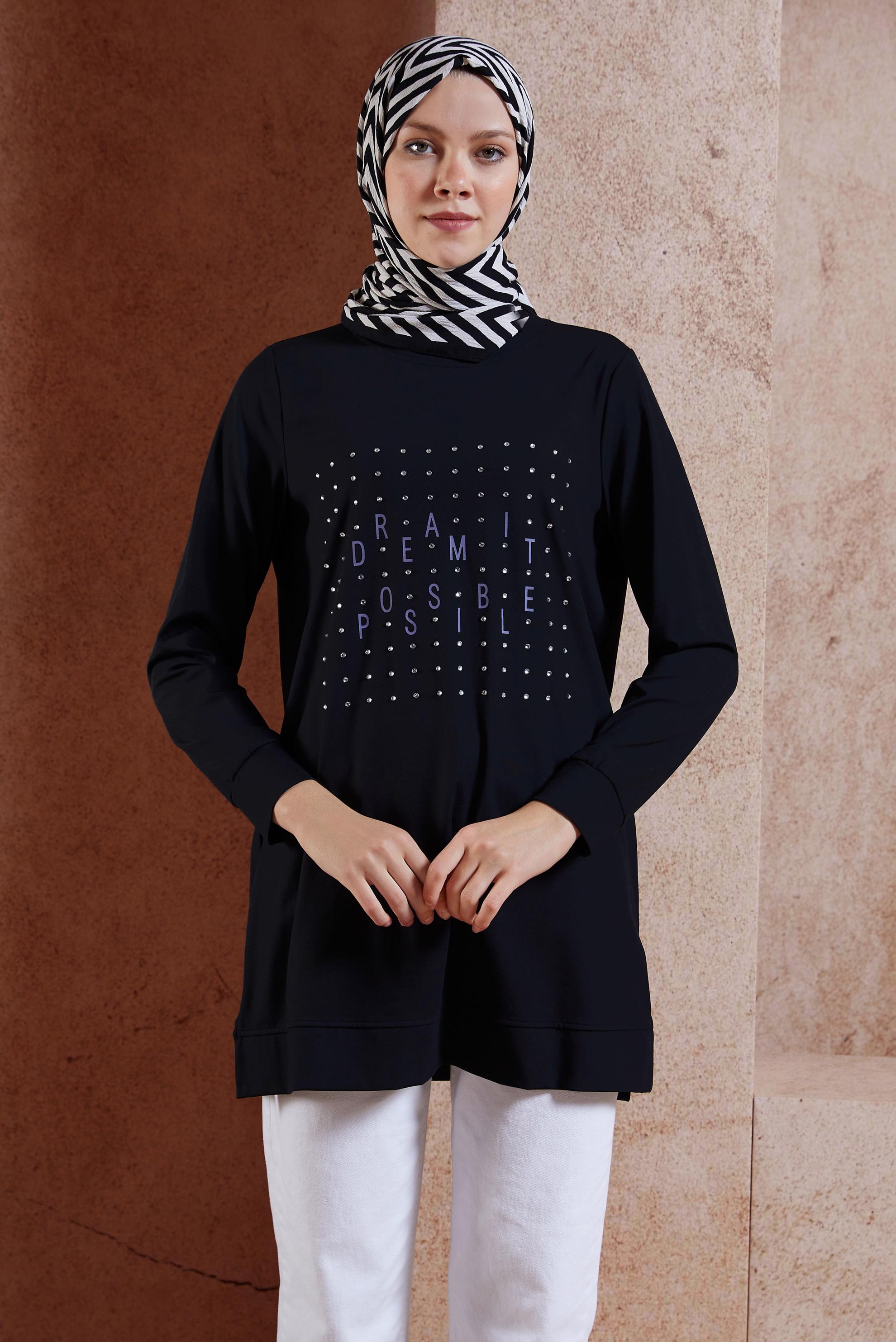 Tesettür giyim SİYAH TAŞ DETAYLI EŞOFMAN TUNİK 44639