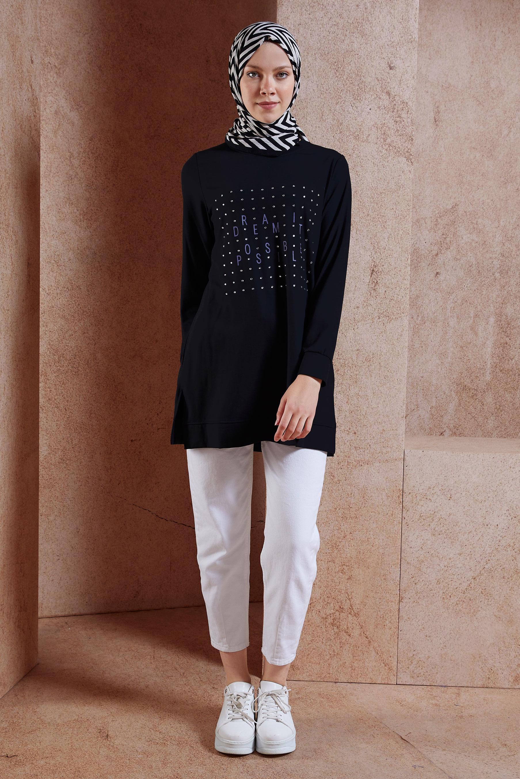 Tesettür giyim SİYAH TAŞ DETAYLI EŞOFMAN TUNİK 44639