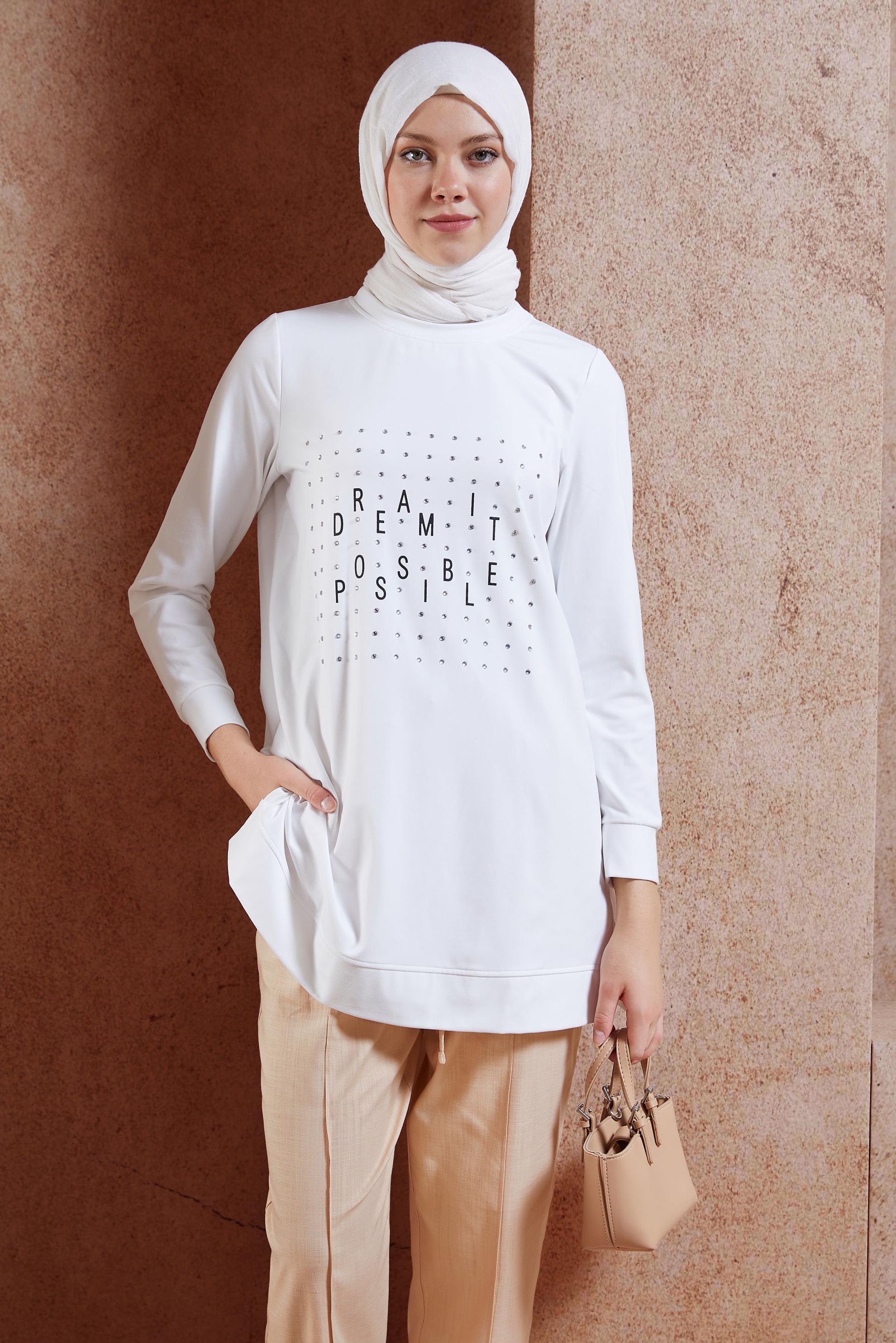 Tesettür giyim BEYAZ TAŞ DETAYLI EŞOFMAN TUNİK 44639