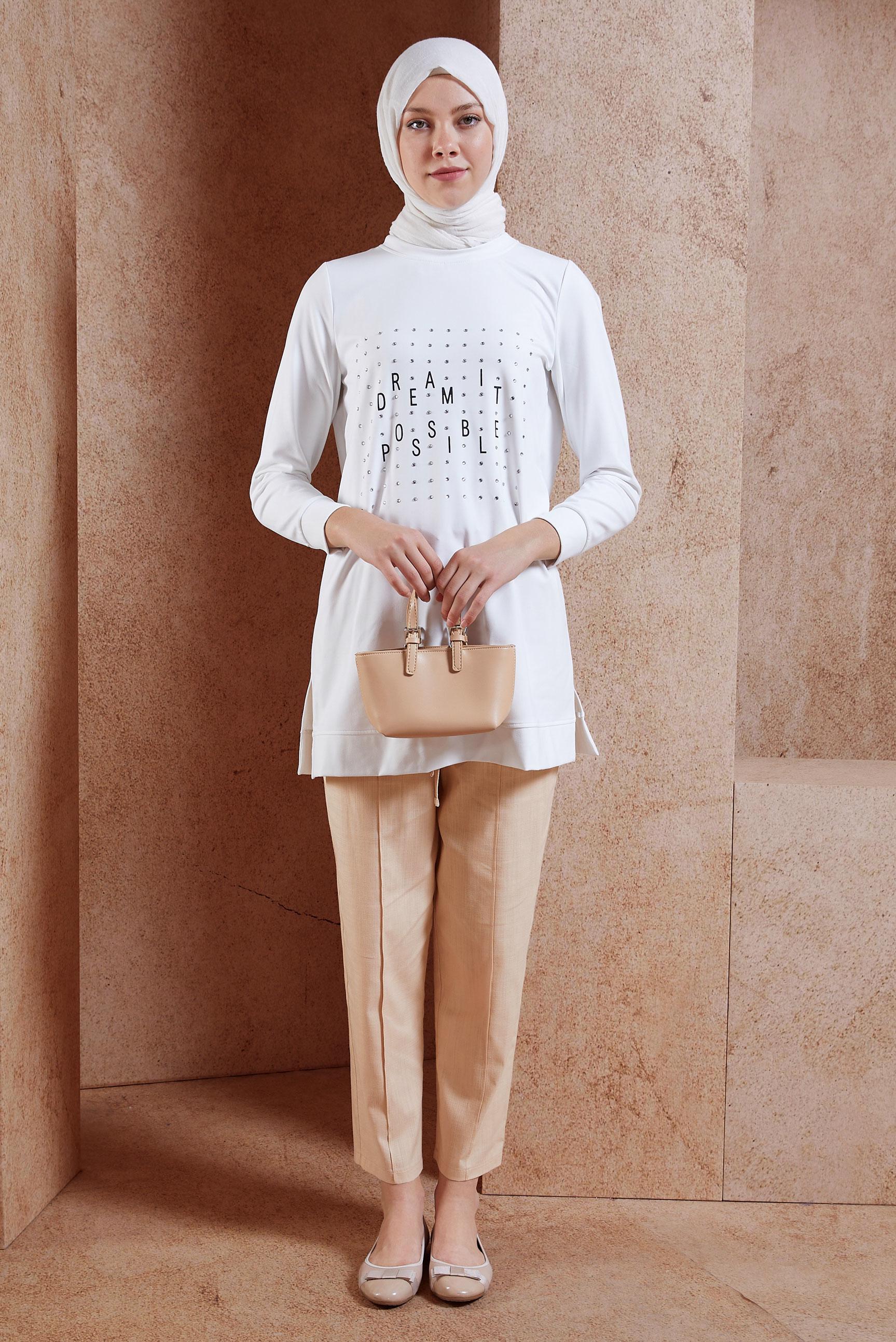 Tesettür giyim BEYAZ TAŞ DETAYLI EŞOFMAN TUNİK 44639