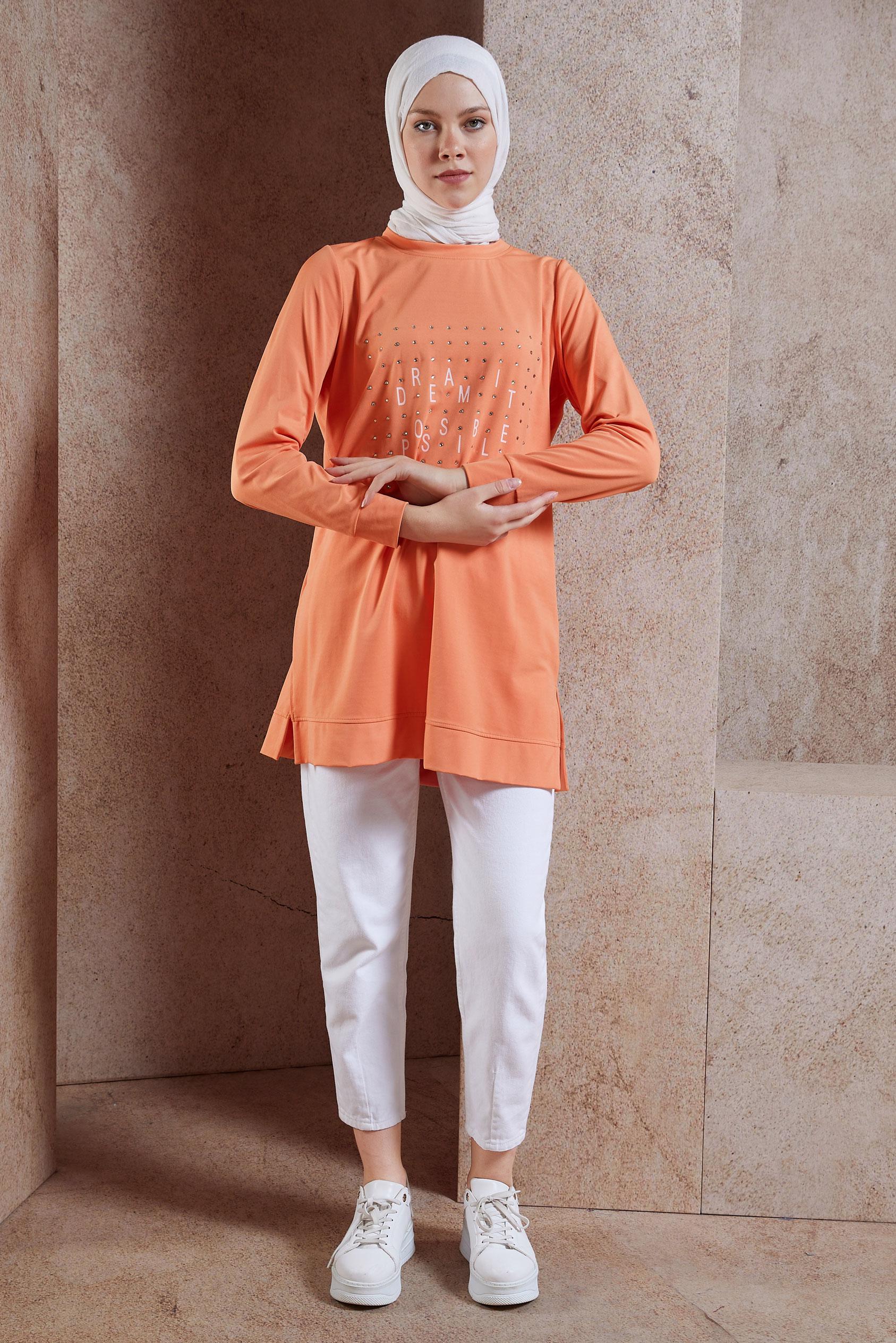 Tesettür giyim TURUNCU TAŞ DETAYLI EŞOFMAN TUNİK 44639