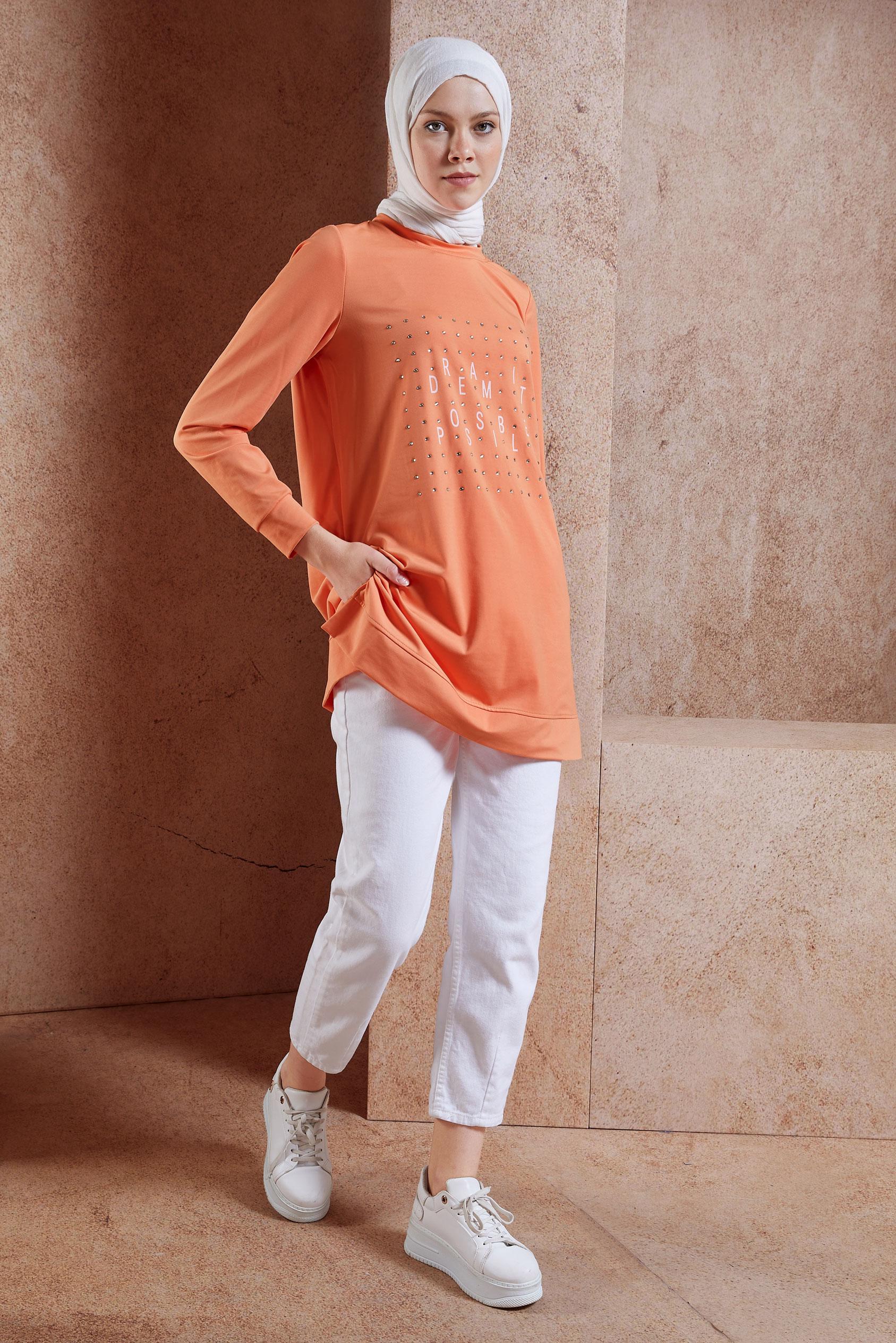 Tesettür giyim TURUNCU TAŞ DETAYLI EŞOFMAN TUNİK 44639