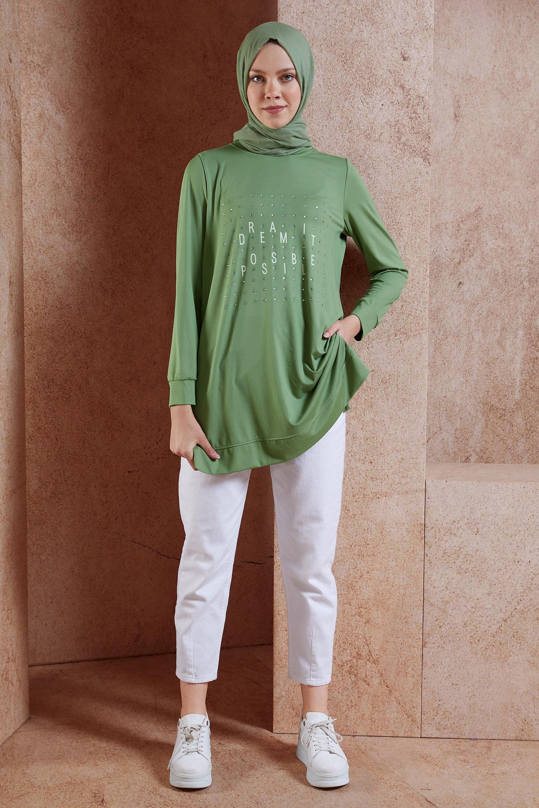 Tesettür giyim YEŞİL TAŞ DETAYLI EŞOFMAN TUNİK 44639