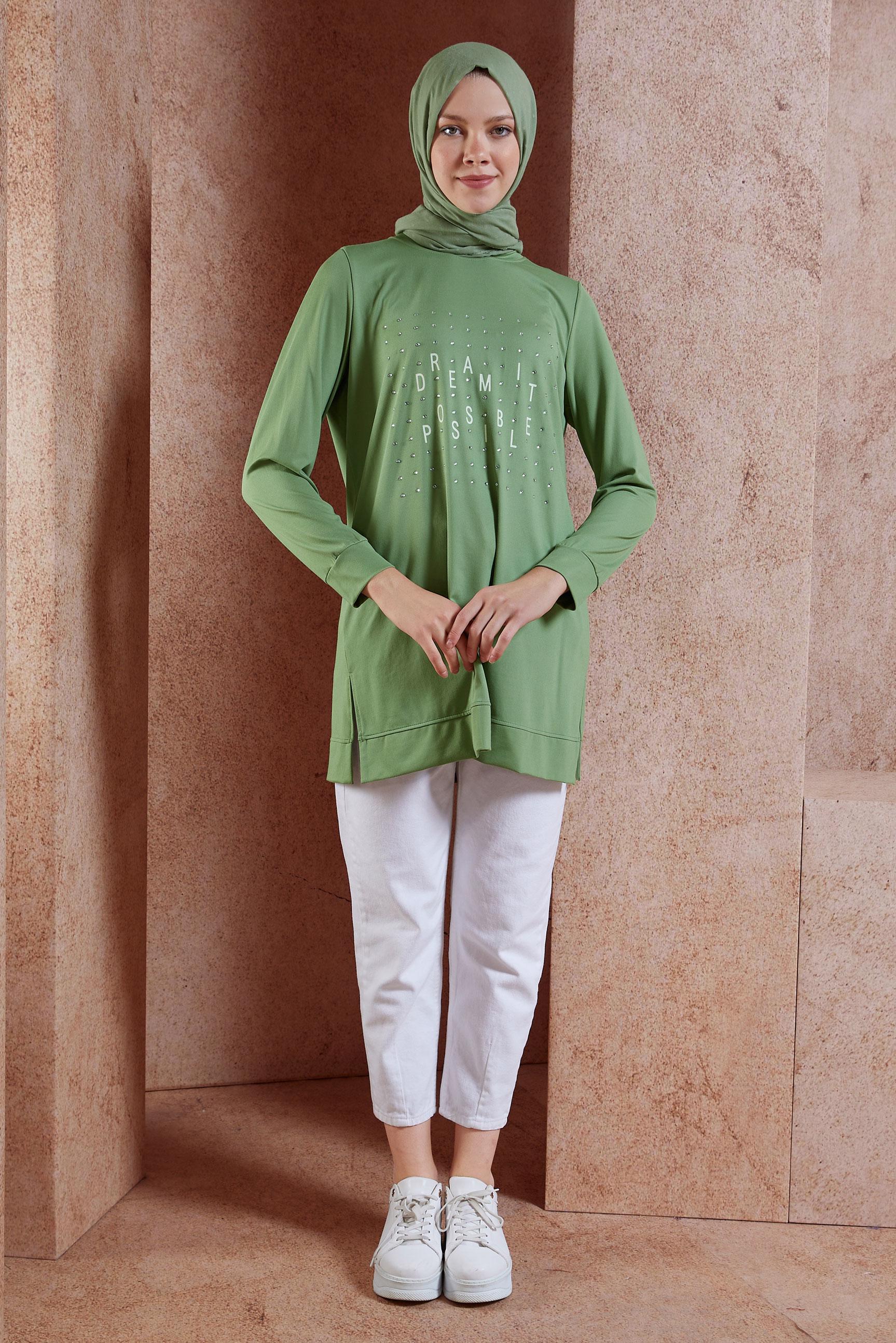 Tesettür giyim YEŞİL TAŞ DETAYLI EŞOFMAN TUNİK 44639