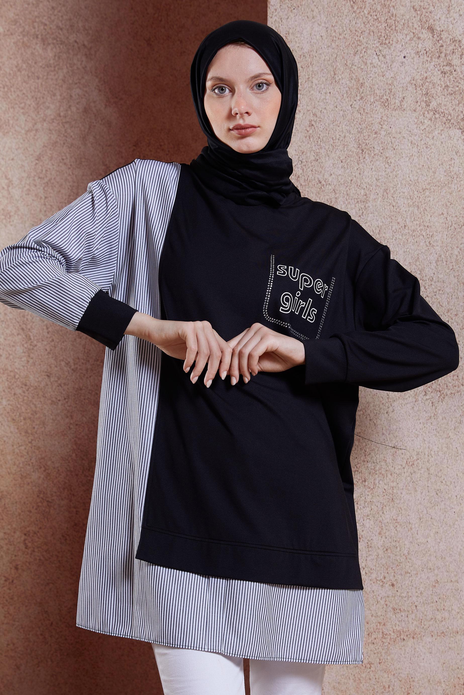 Tesettür giyim SİYAH ÇİZGİLİ EŞOFMAN TUNİK 44640