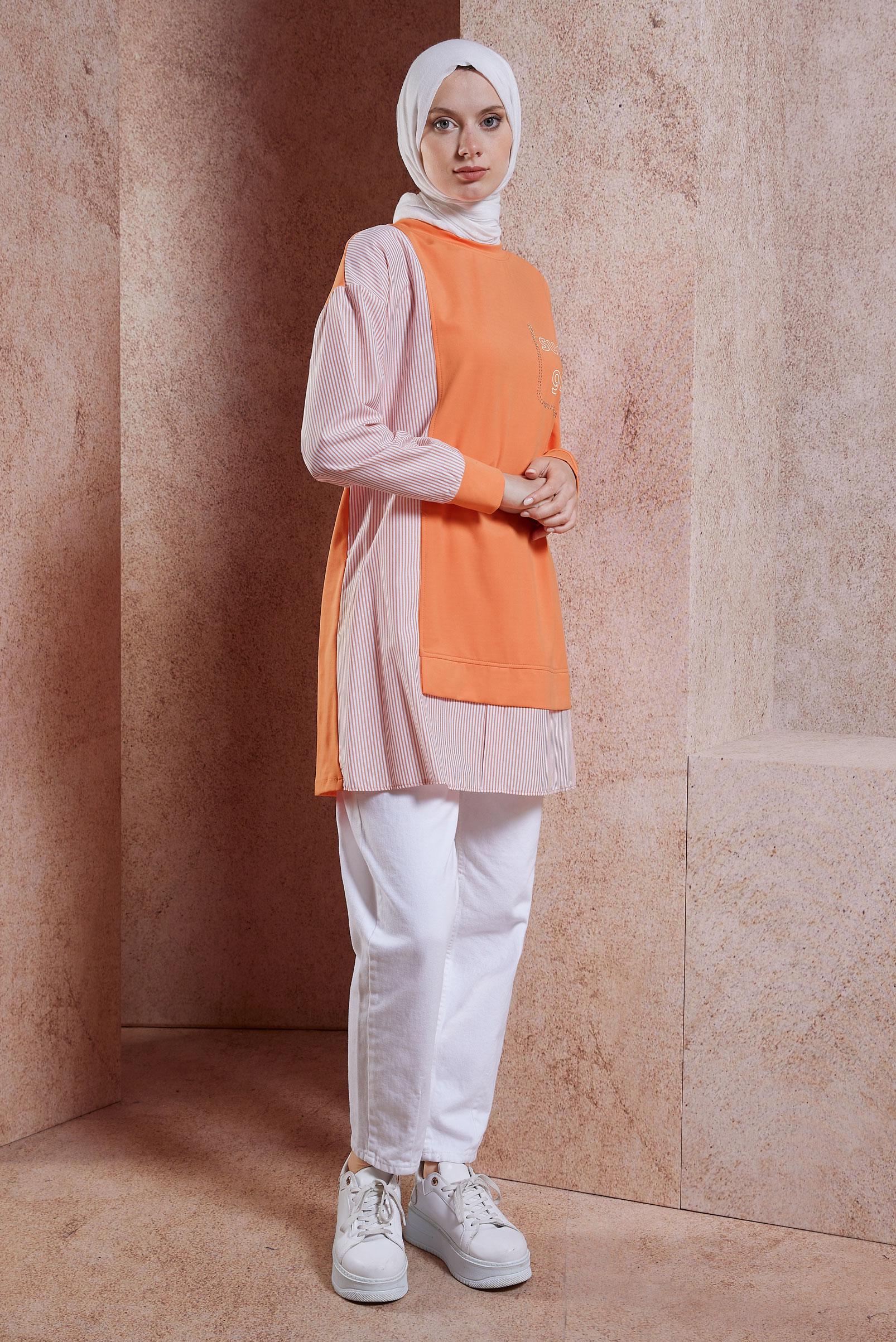 Tesettür giyim TURUNCU ÇİZGİLİ EŞOFMAN TUNİK 44640