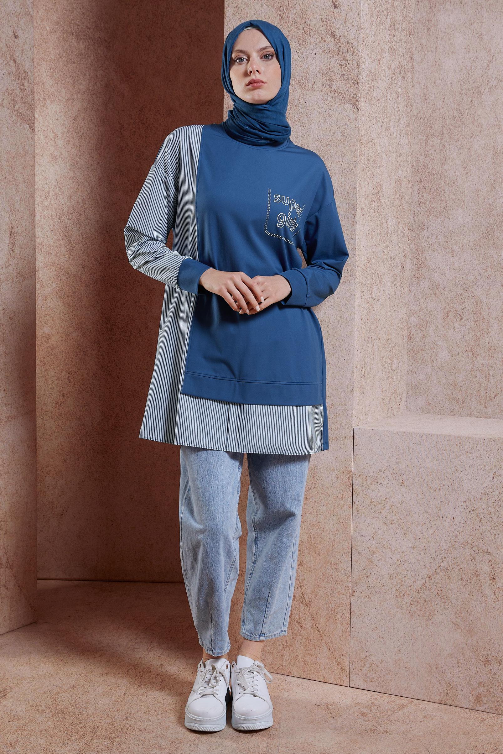 Tesettür giyim LACİVERT ÇİZGİLİ EŞOFMAN TUNİK 44640