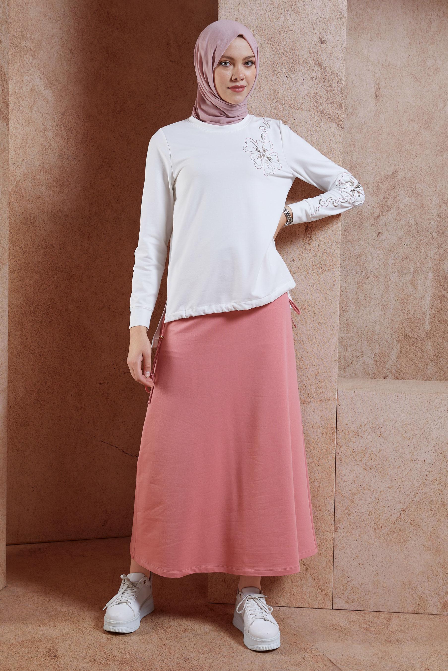 Tesettür giyim PEMBE ETEKLİ İŞLEMELİ EŞOFMAN TAKIM 44699