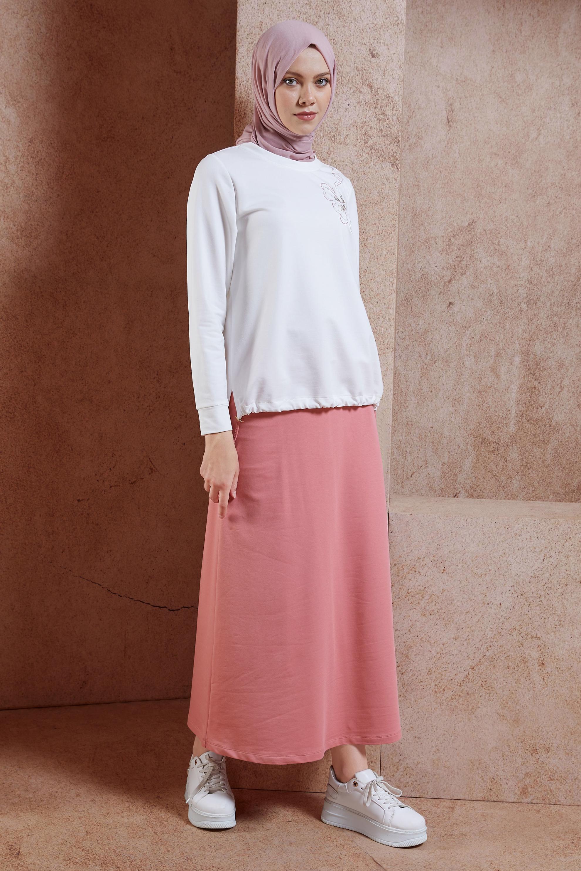 Tesettür giyim PEMBE ETEKLİ İŞLEMELİ EŞOFMAN TAKIM 44699