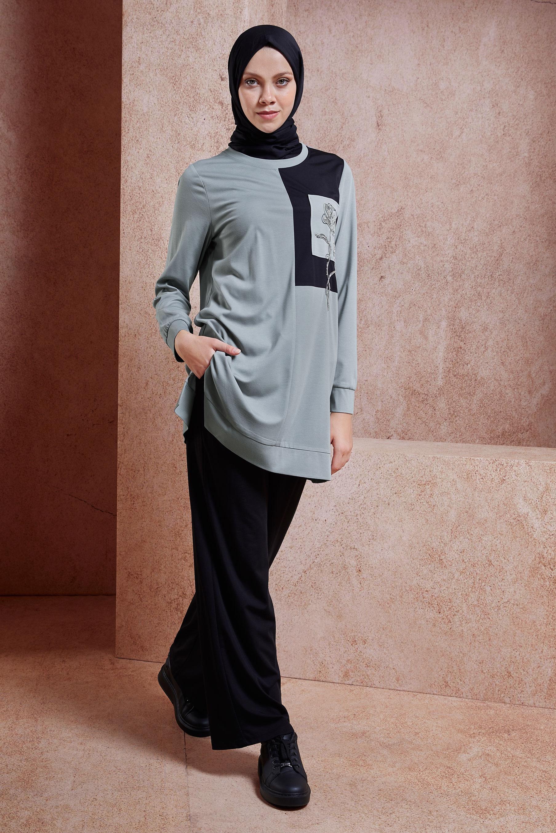 Tesettür giyim GRİ NAKIŞLI PANTOLONLU EŞOFMAN TAKIM 44700