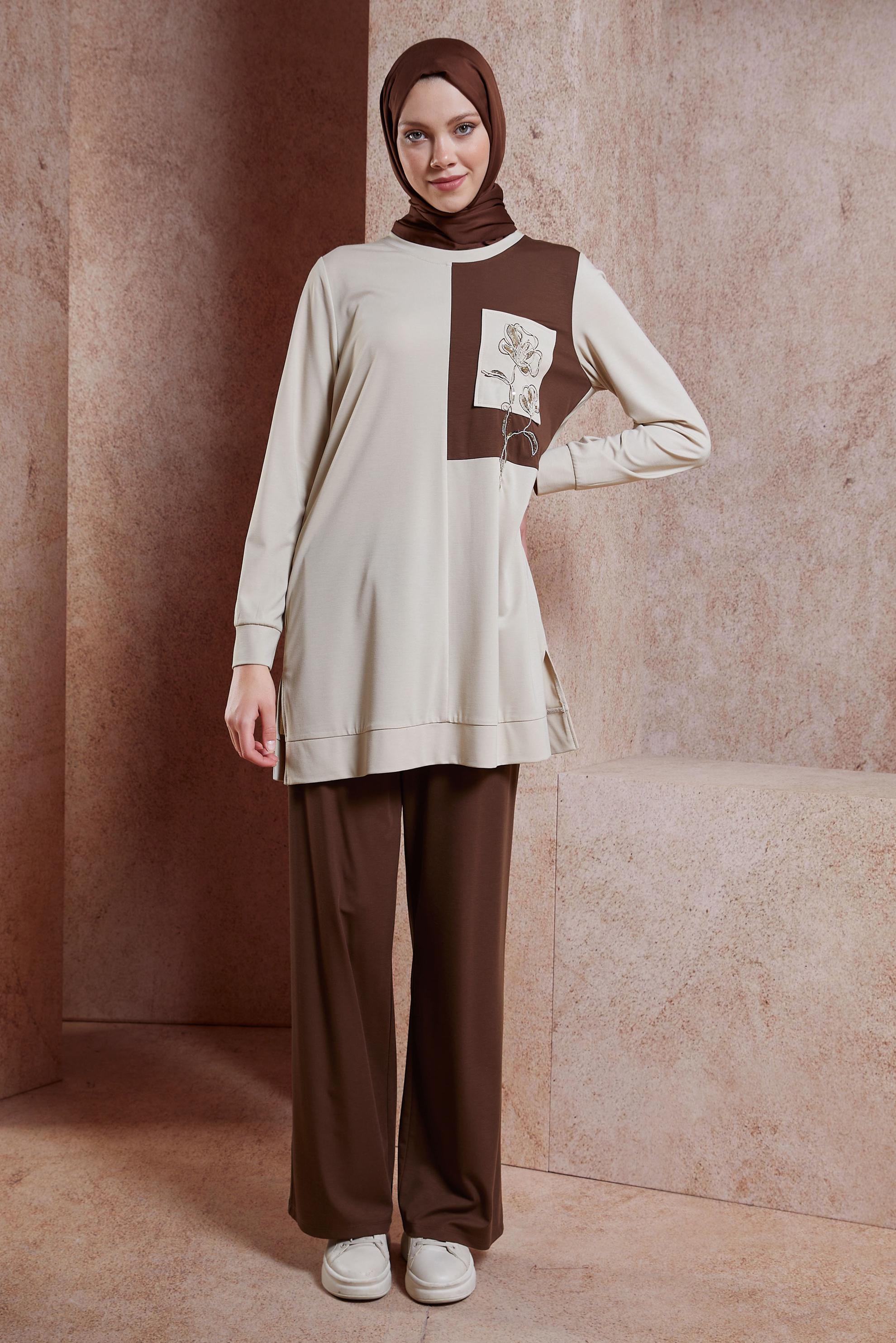 Tesettür giyim KUM NAKIŞLI PANTOLONLU EŞOFMAN TAKIM 44700