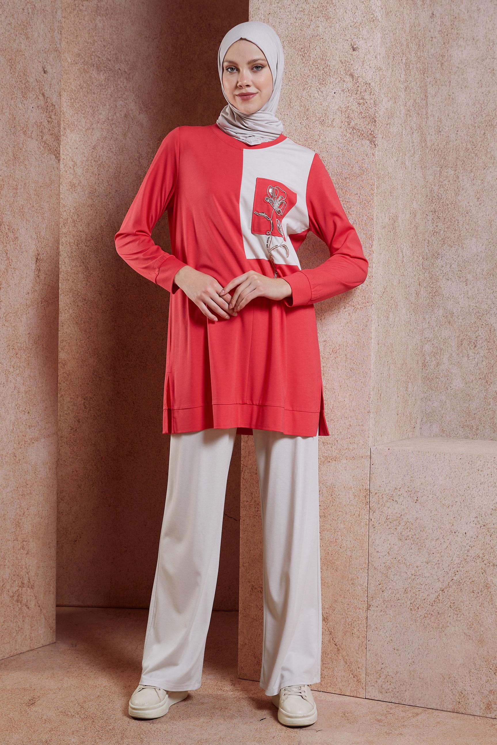 Tesettür giyim KIRMIZI NAKIŞLI PANTOLONLU EŞOFMAN TAKIM 44700