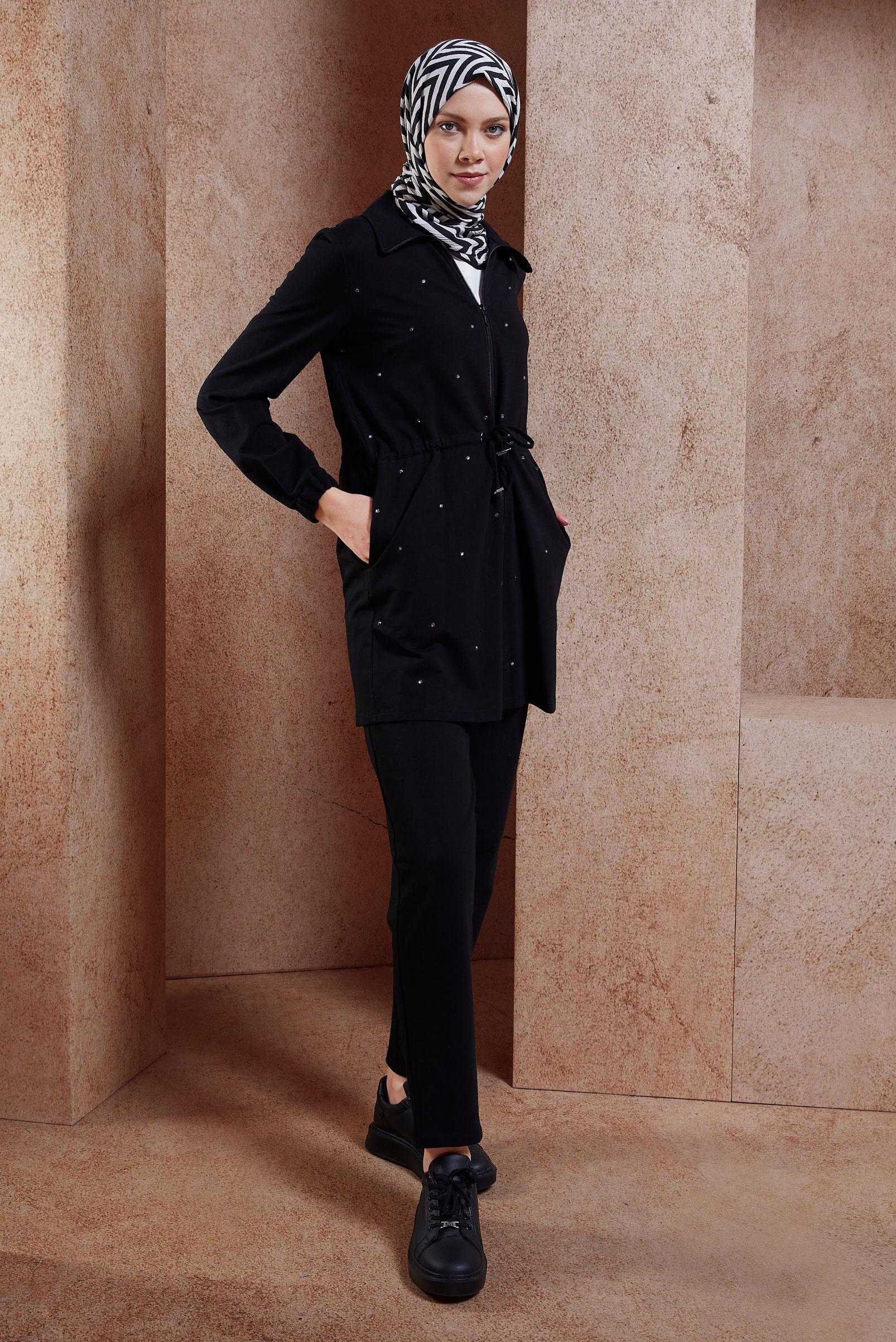 Tesettür giyim SİYAH TAŞLI PANTOLONLU EŞOFMAN TAKIM 44702