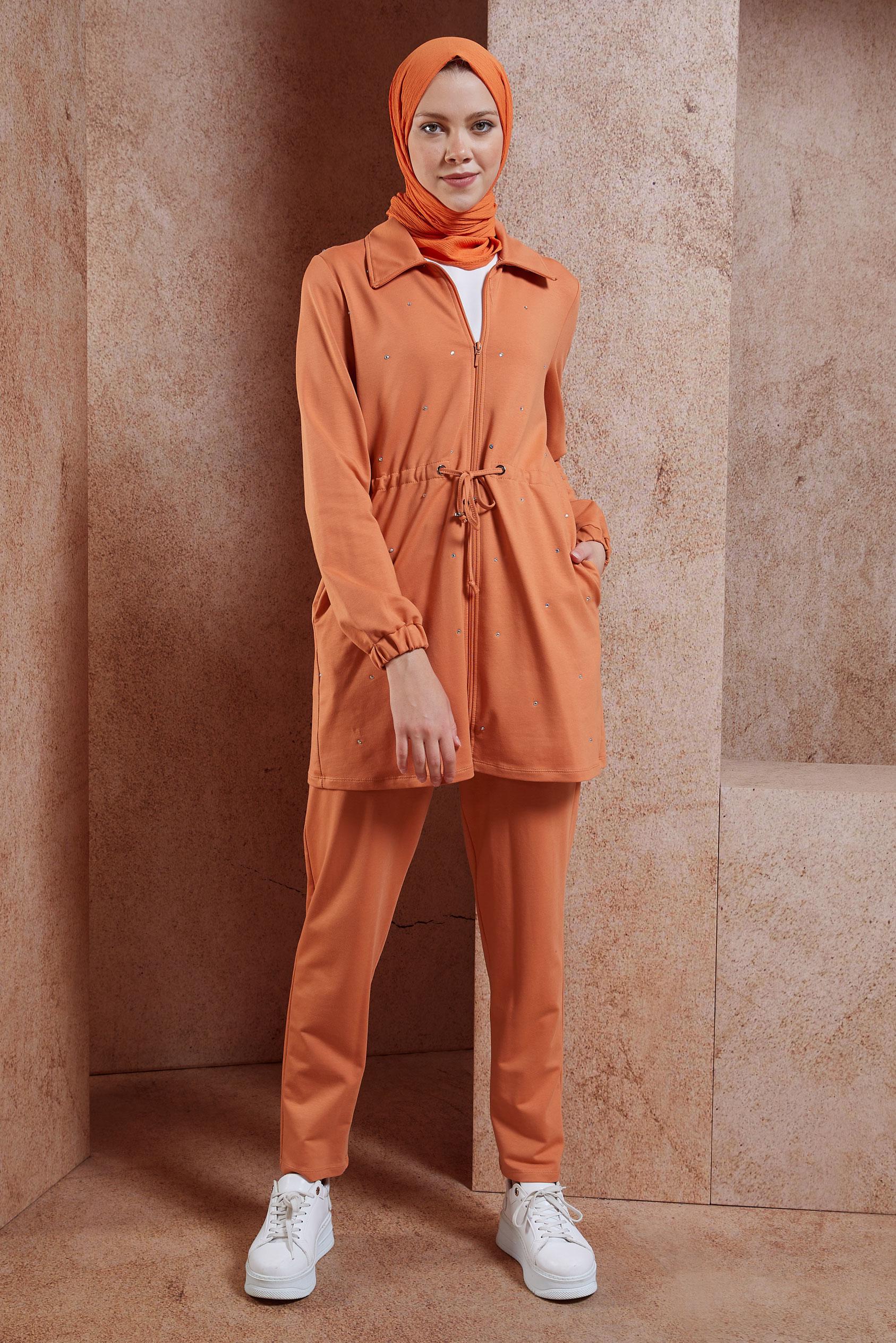 Tesettür giyim TURUNCU TAŞLI PANTOLONLU EŞOFMAN TAKIM 44702