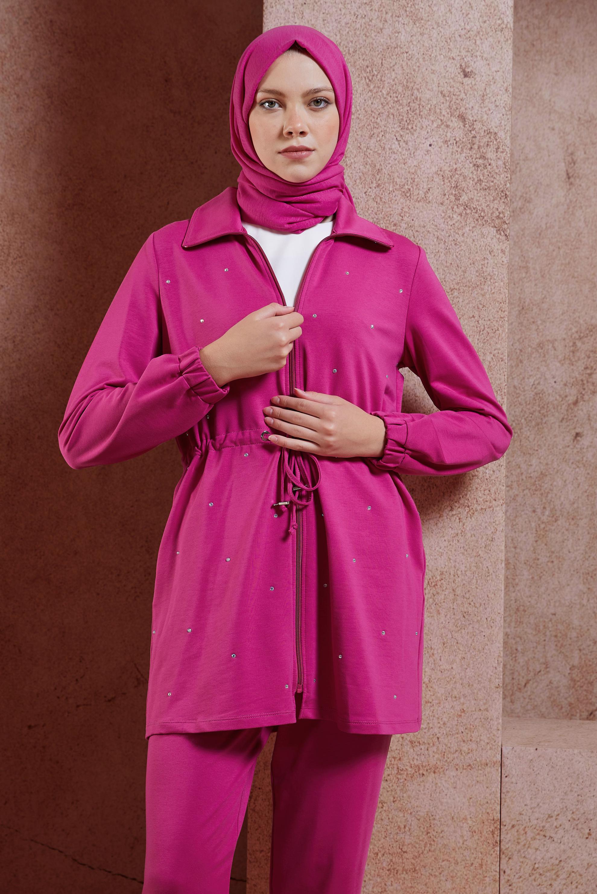Tesettür giyim FUŞYA TAŞLI PANTOLONLU EŞOFMAN TAKIM 44702