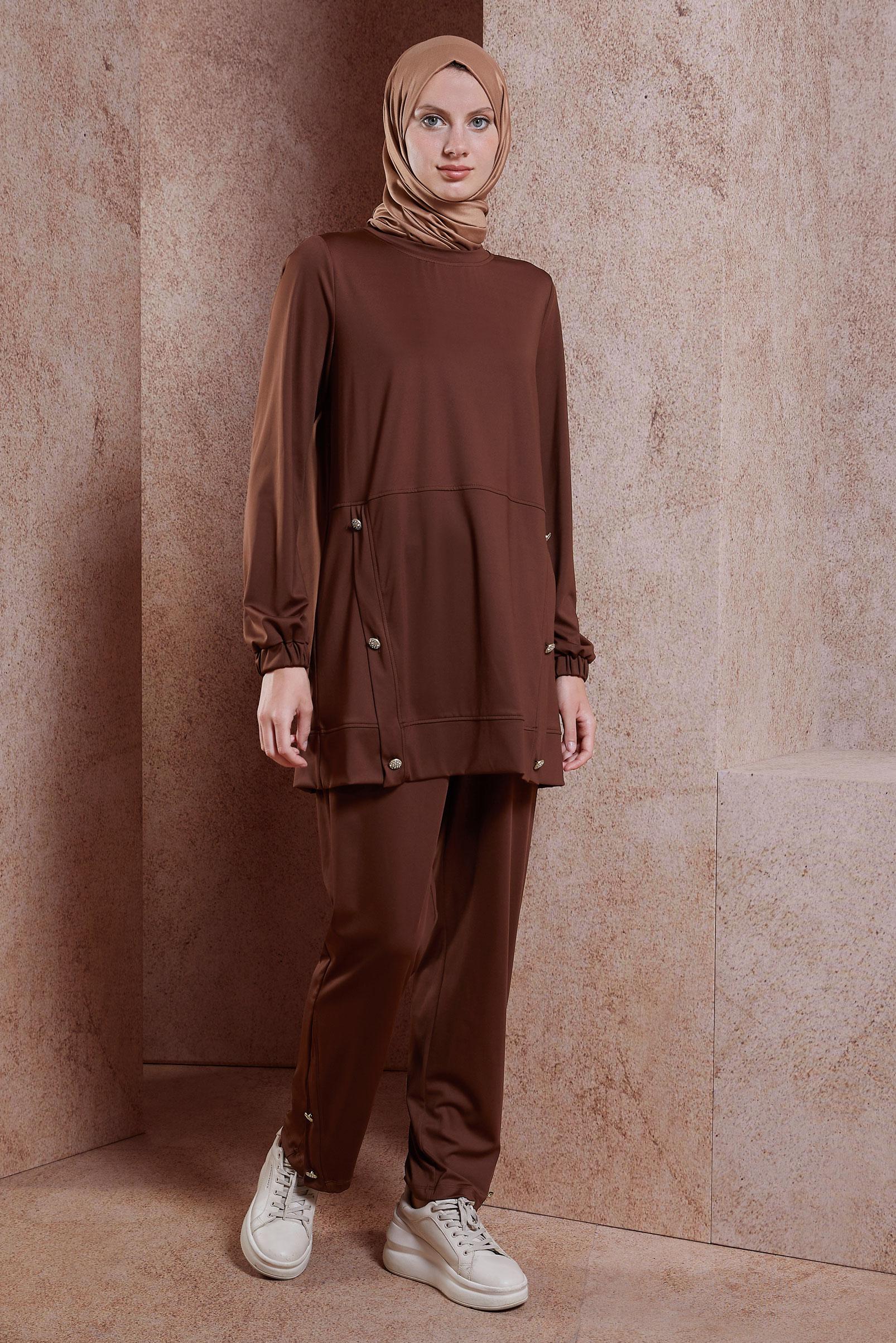 Tesettür giyim KAHVE DÜĞME DETAYLI EŞOFMAN TAKIM 44705