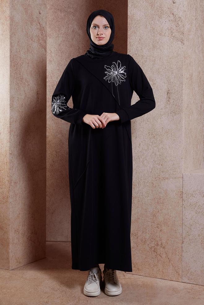 Hijab clothing BLACK EMBROIDERED TRACKSUIT DRESS 44708 - ALVİNA