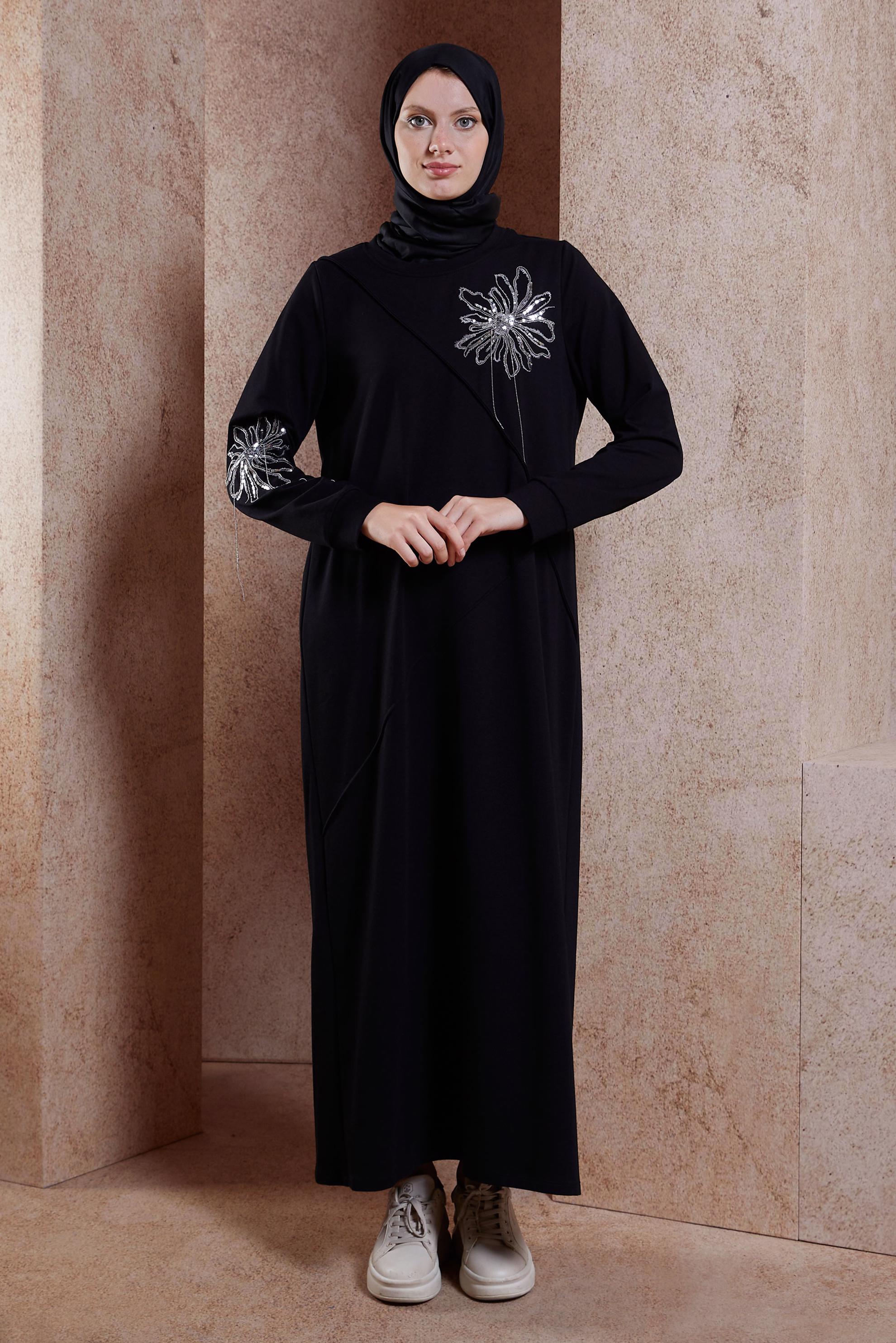 Vêtements hijab NOIR ROBE DE SURVÊTEMENT BRODÉE 44708