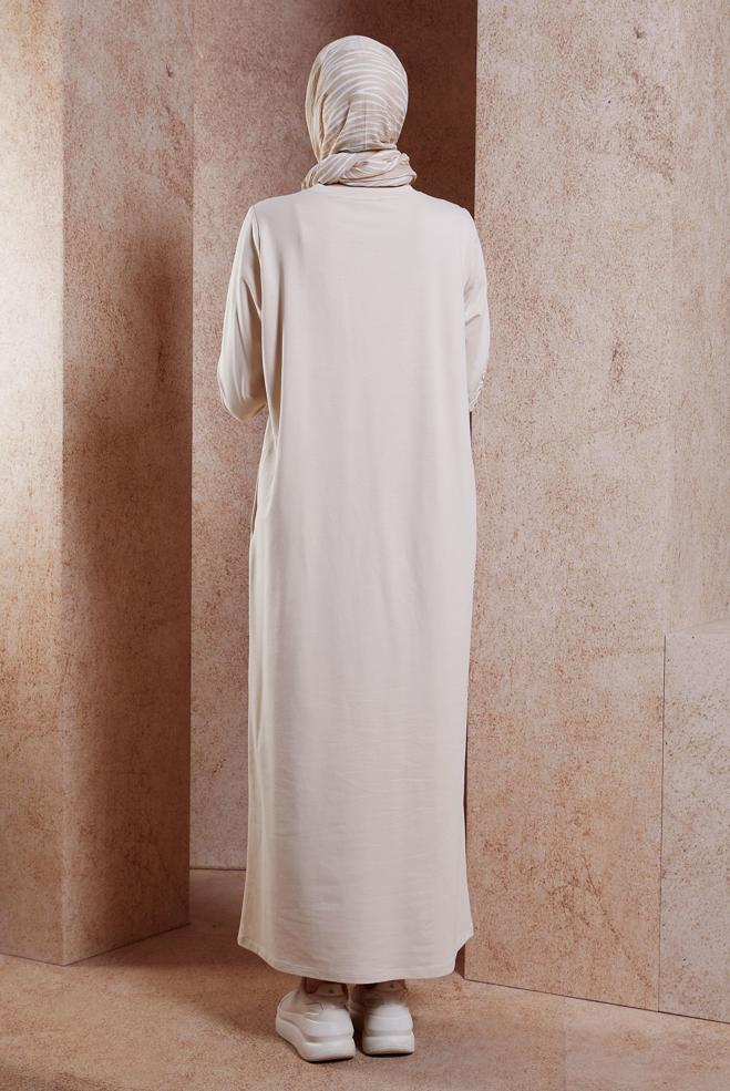 Tesettür giyim BEJ İŞLEME DETAYLI EŞOFMAN ELBİSE 44708 - ALVİNA