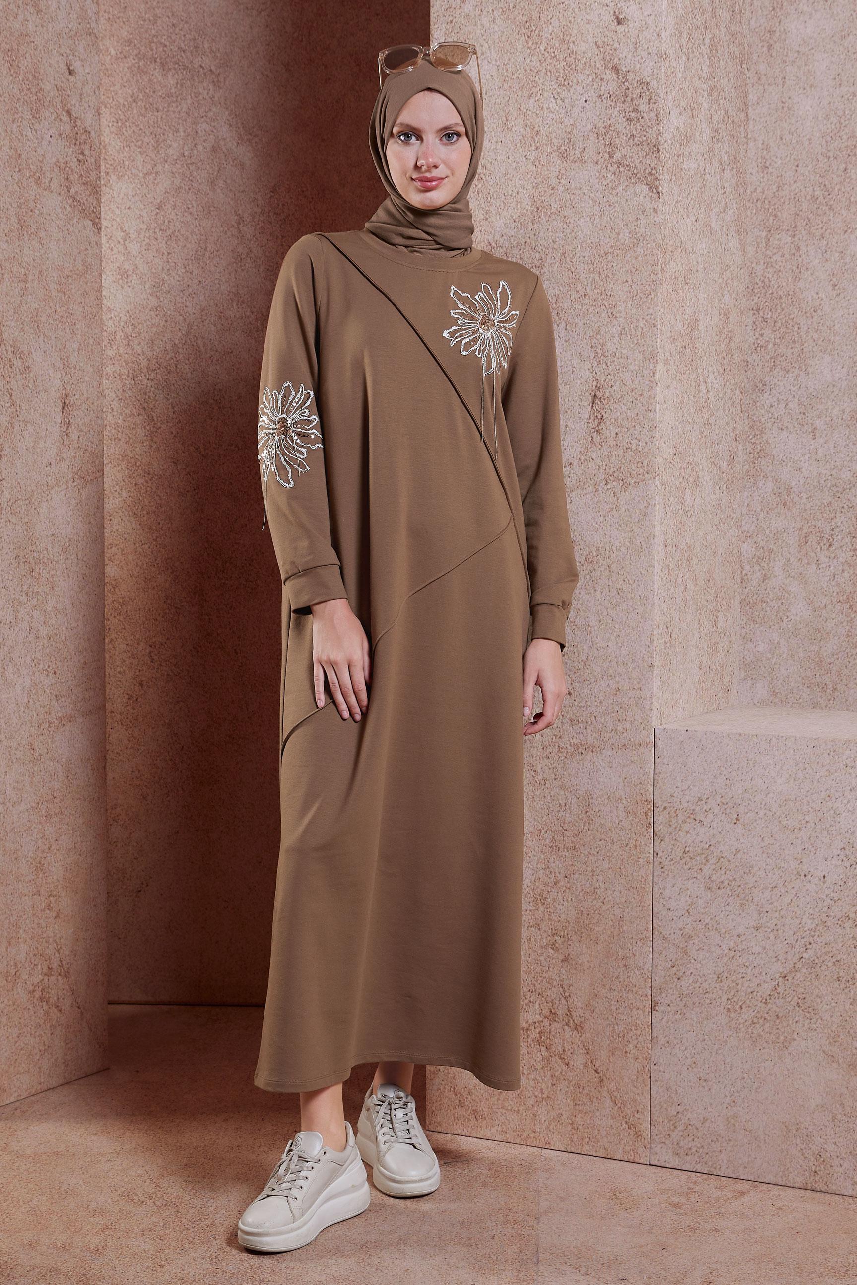 Vêtements hijab BRUN ROBE DE SURVÊTEMENT BRODÉE 44708