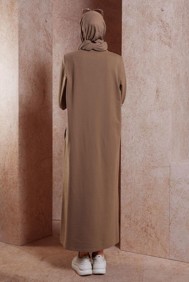 Tesettür giyim KAHVE İŞLEME DETAYLI EŞOFMAN ELBİSE 44708 - ALVİNA