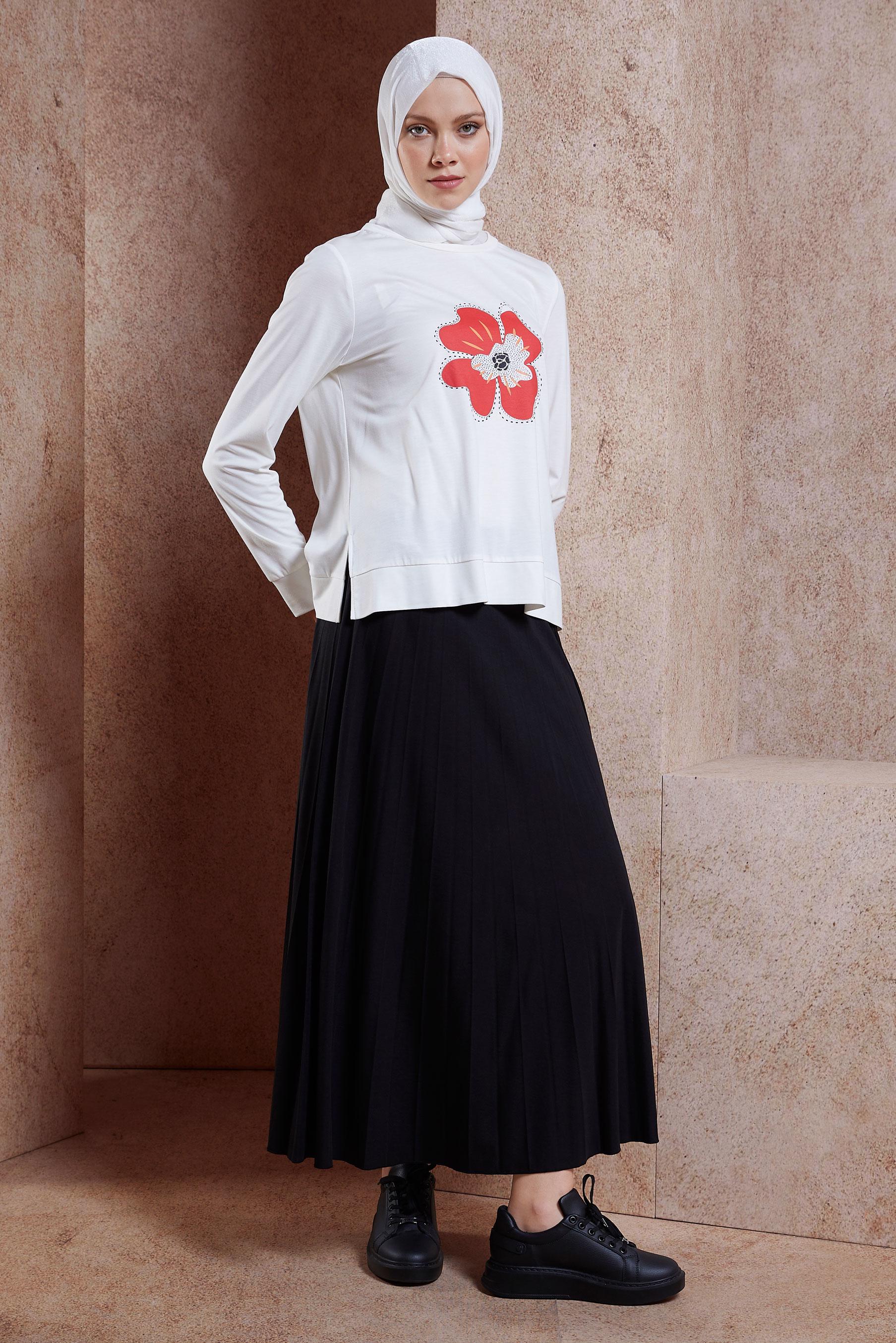 Tesettür giyim SİYAH BASKILI ETEKLİ EŞOFMAN TAKIMI 44724