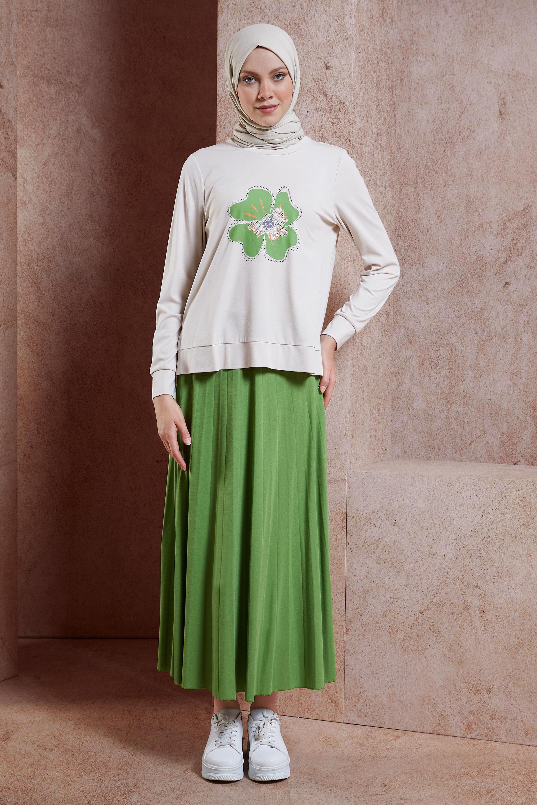 Tesettür giyim YEŞİL BASKILI ETEKLİ EŞOFMAN TAKIMI 44724