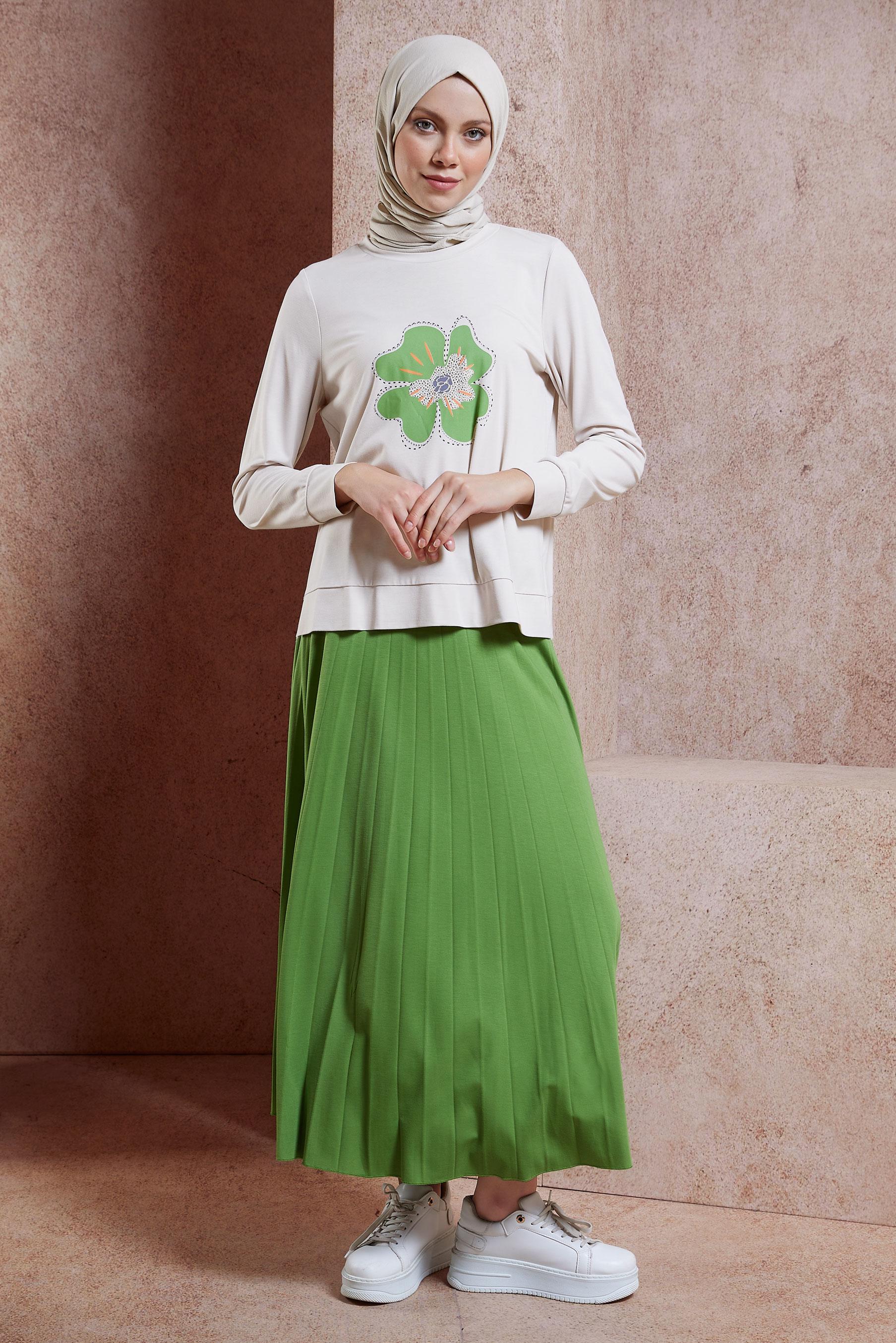 Tesettür giyim YEŞİL BASKILI ETEKLİ EŞOFMAN TAKIMI 44724