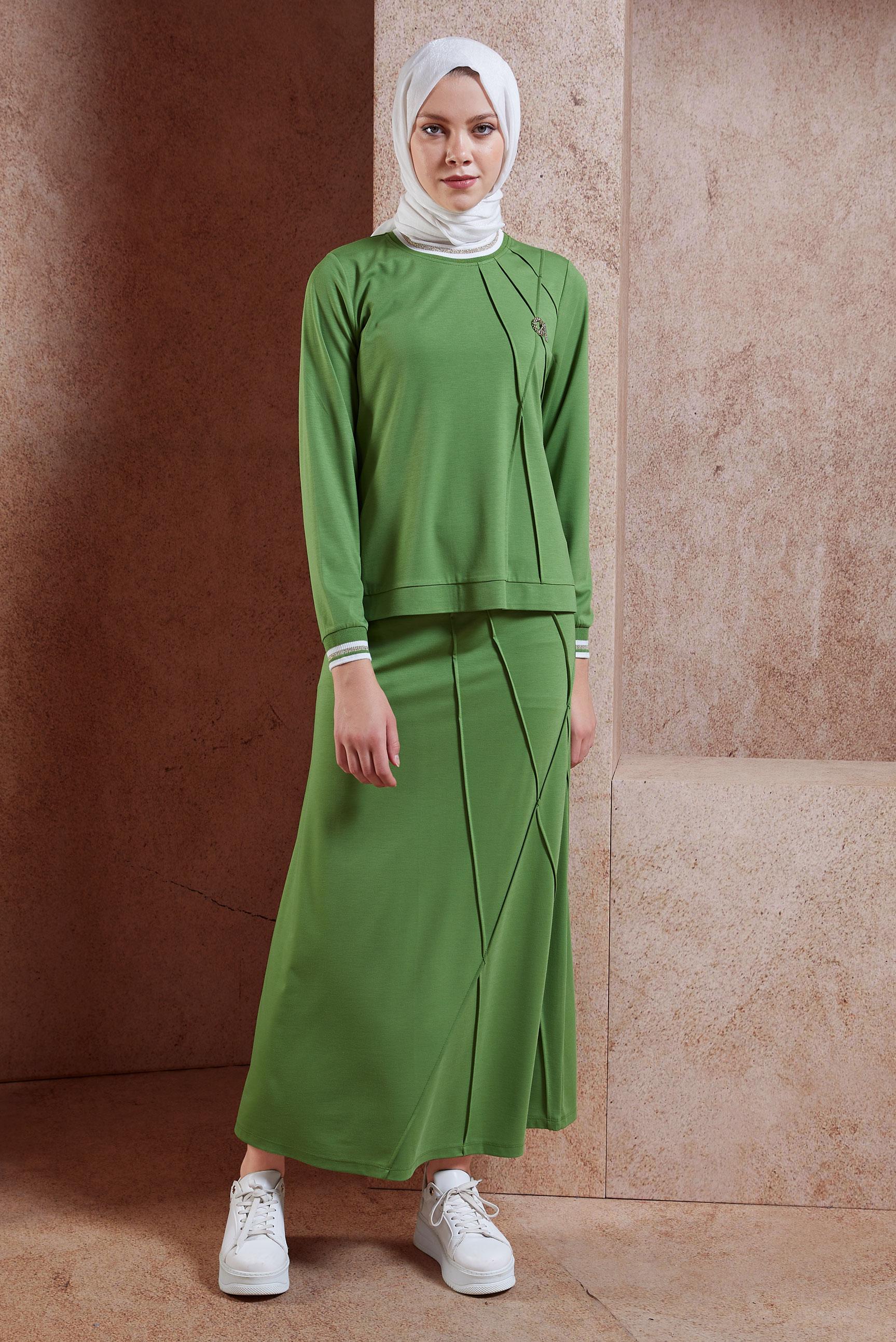 Tesettür giyim YEŞİL BROŞ DETAYLI ETEKLİ EŞOFMAN TAKIM 44726