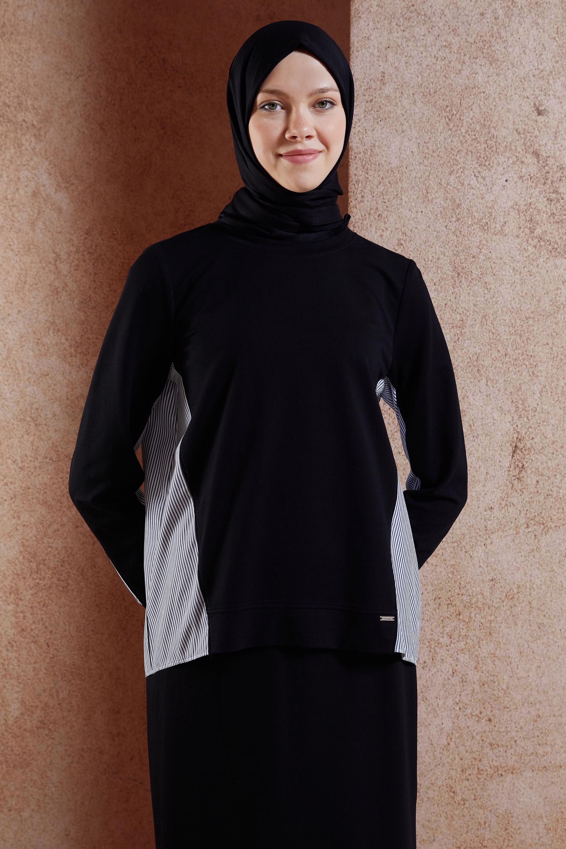 Tesettür giyim SİYAH ÇİZGİLİ ETEKLİ EŞOFMAN TAKIM 44746