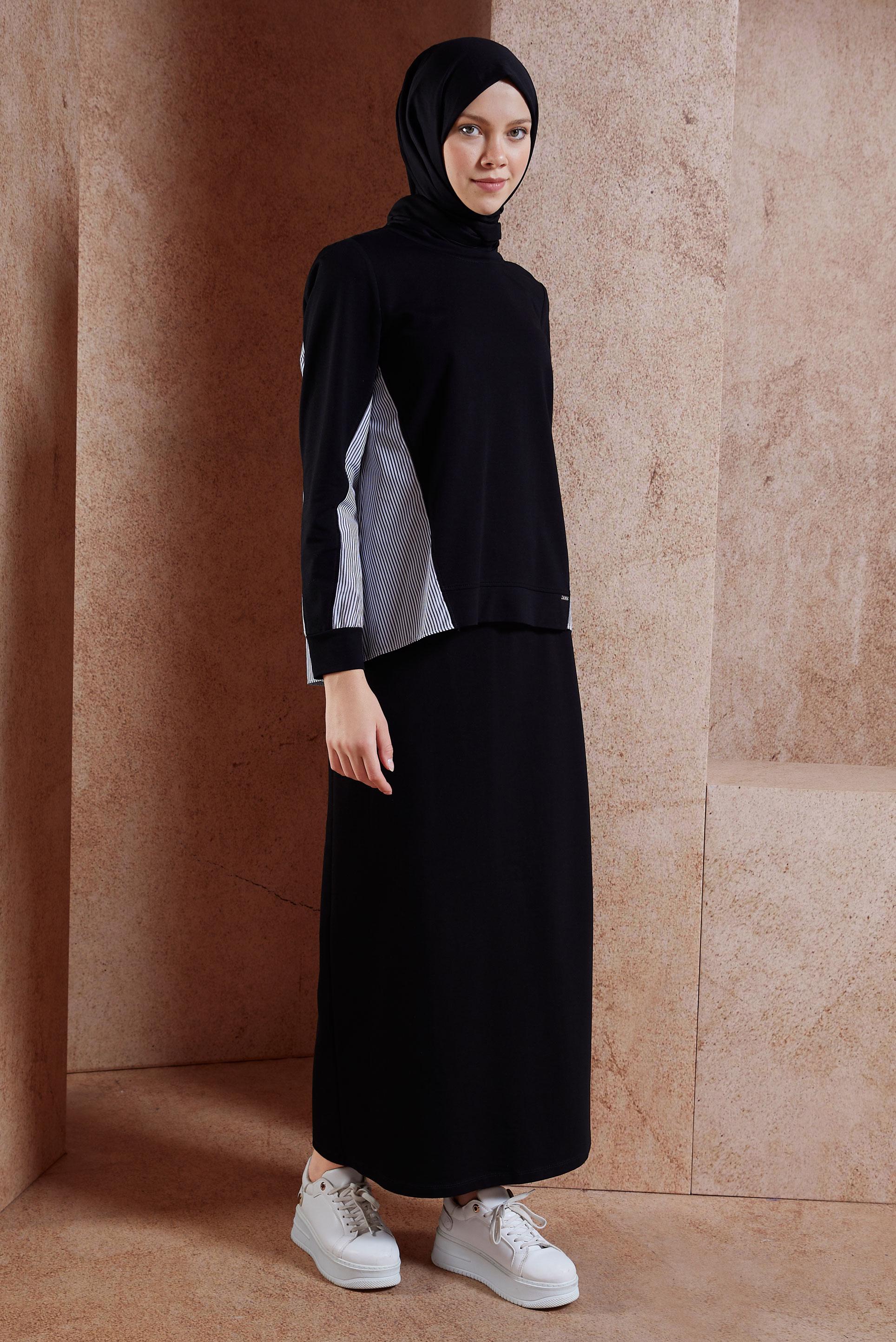 Tesettür giyim SİYAH ÇİZGİLİ ETEKLİ EŞOFMAN TAKIM 44746