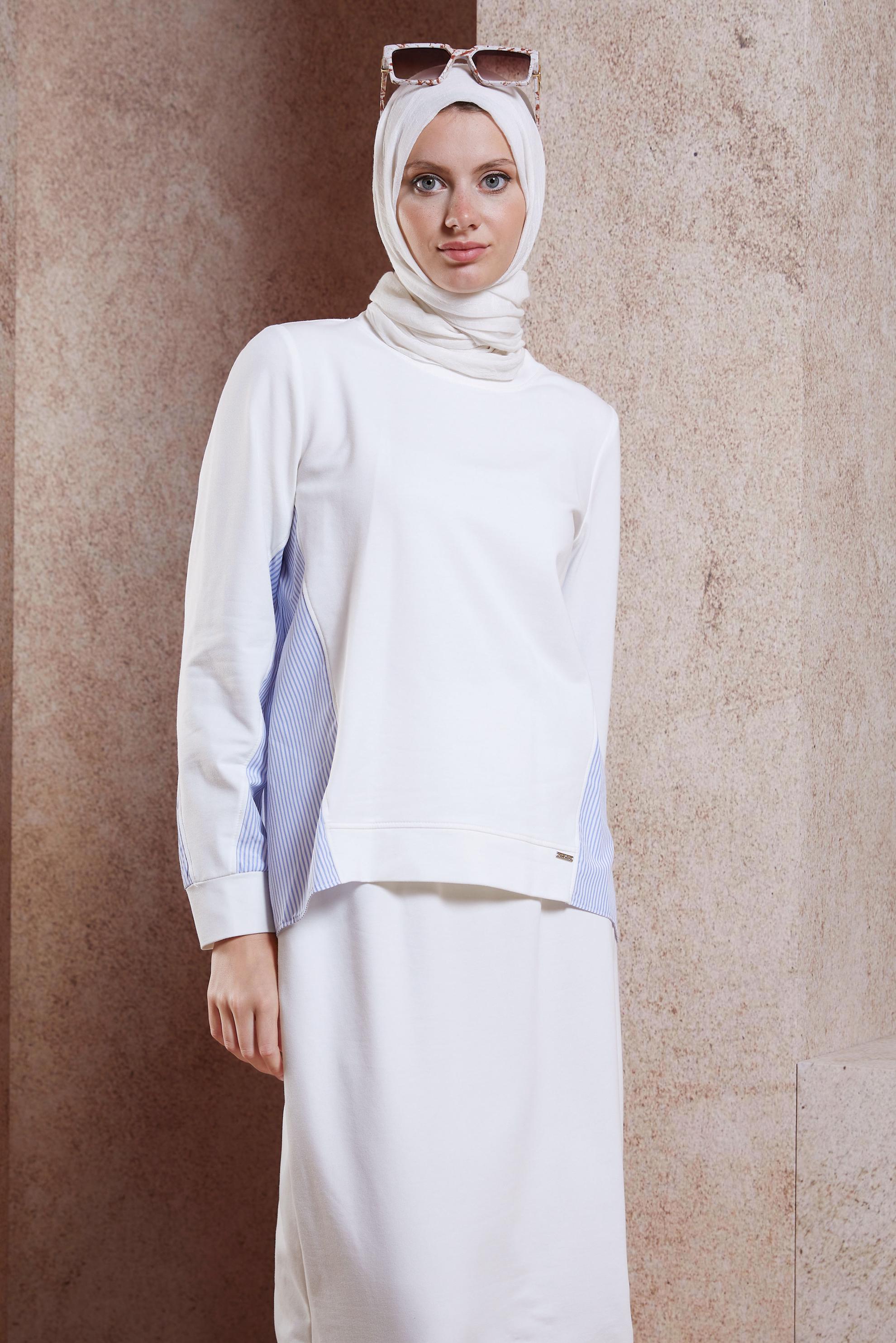 Tesettür giyim BEYAZ ÇİZGİLİ ETEKLİ EŞOFMAN TAKIM 44746