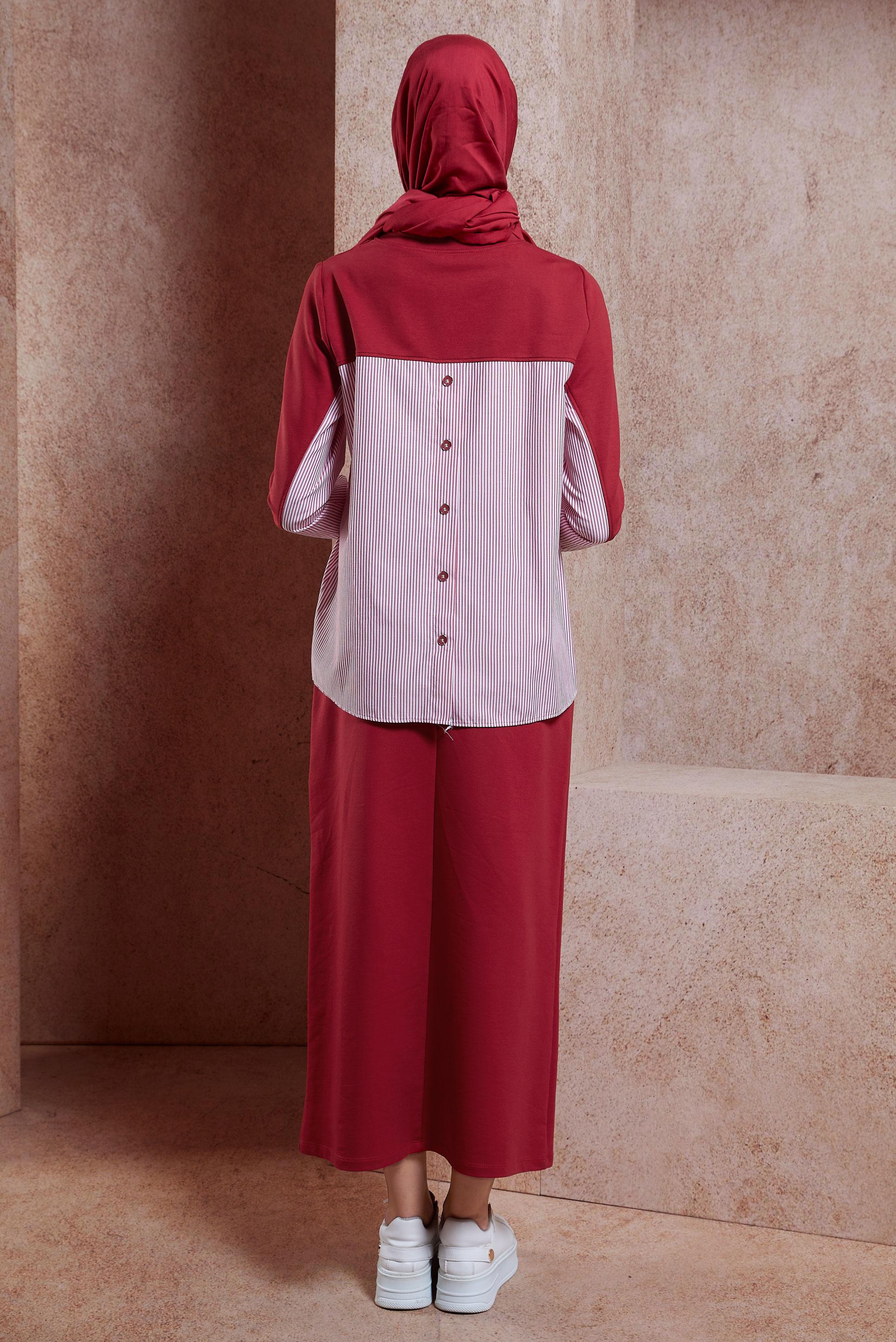 Tesettür giyim KIRMIZI ÇİZGİLİ ETEKLİ EŞOFMAN TAKIM 44746