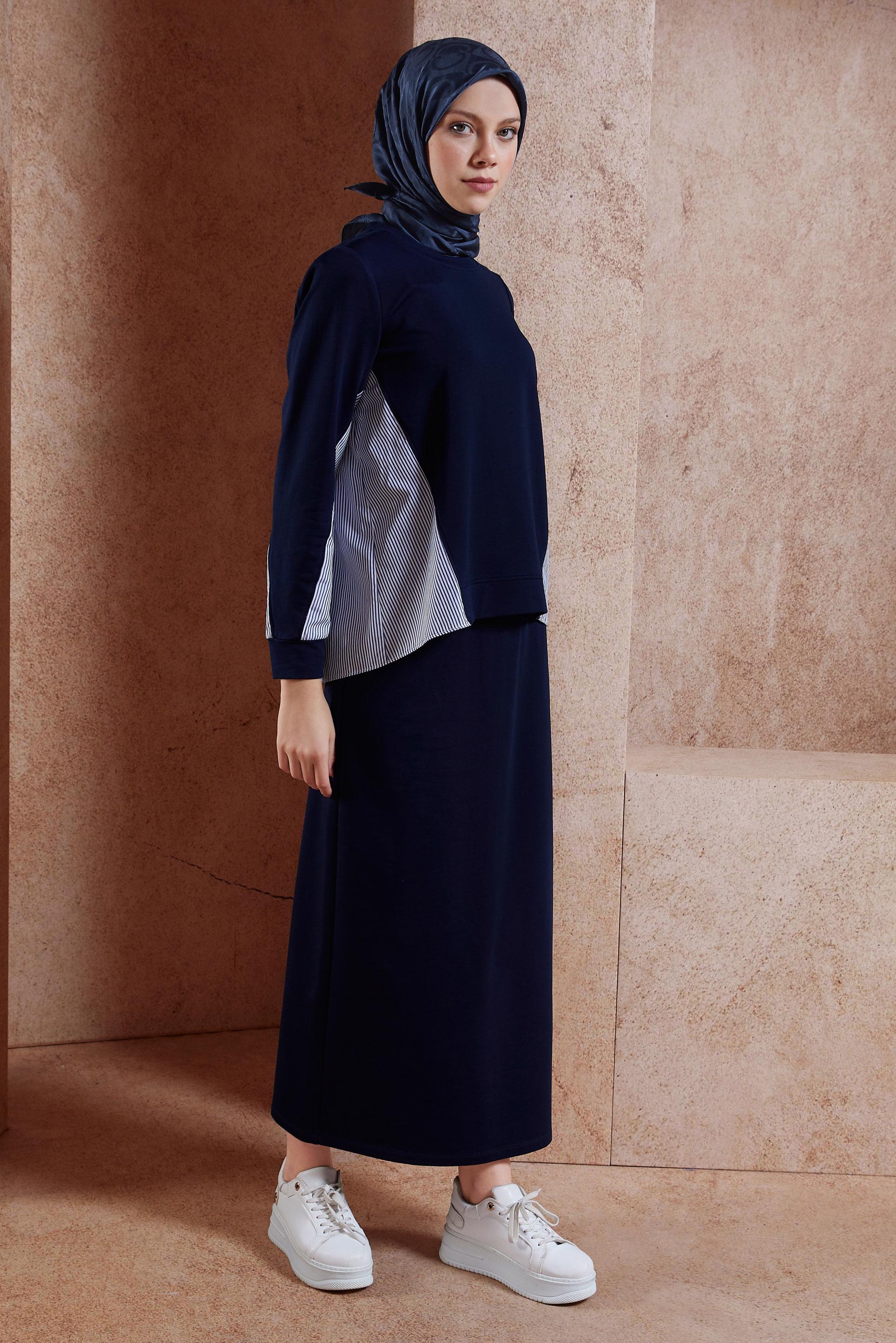 Tesettür giyim LACİVERT ÇİZGİLİ ETEKLİ EŞOFMAN TAKIM 44746