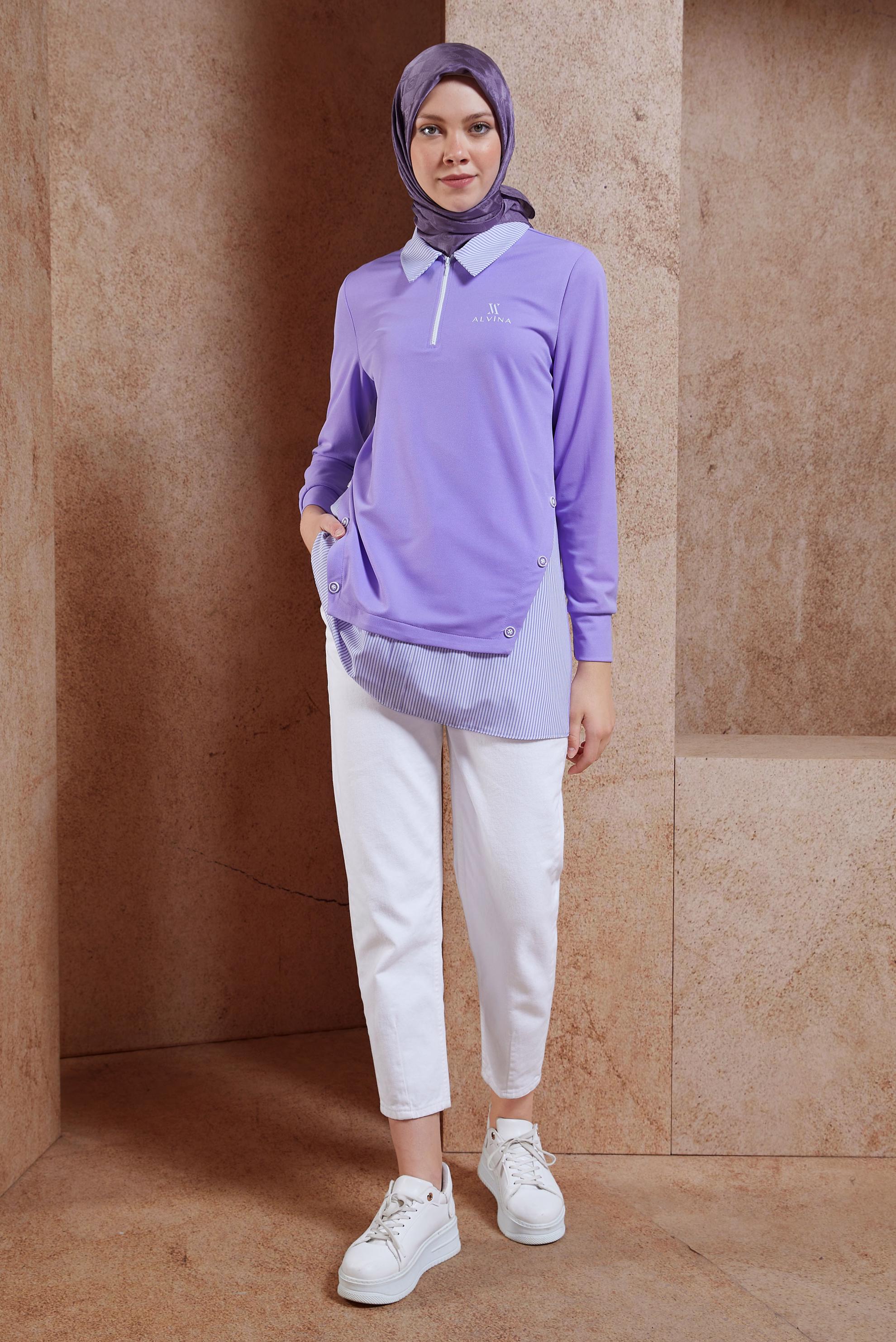 Tesettür giyim MOR ÇİZGİLİ EŞOFMAN TUNİK 44750