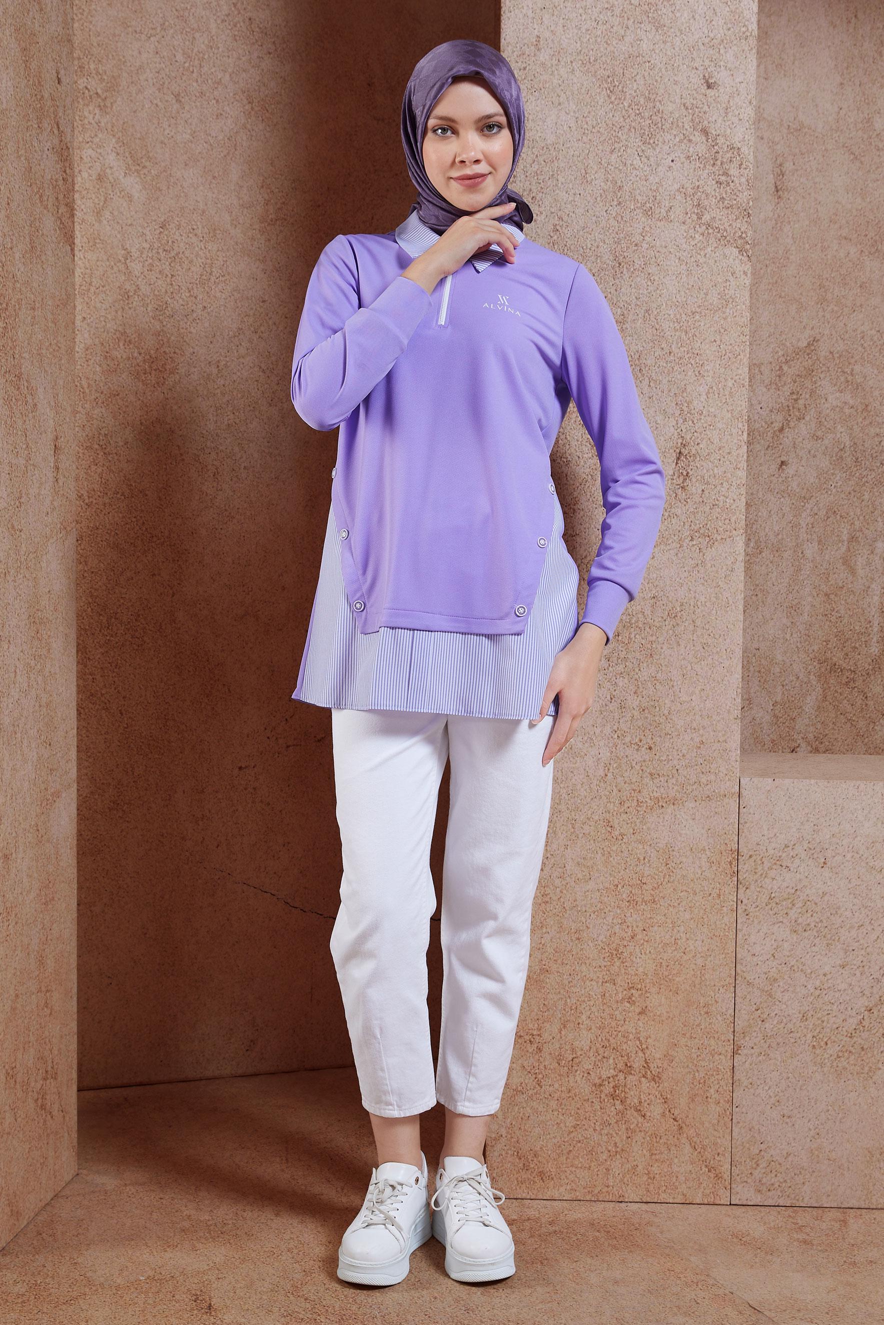 Tesettür giyim MOR ÇİZGİLİ EŞOFMAN TUNİK 44750