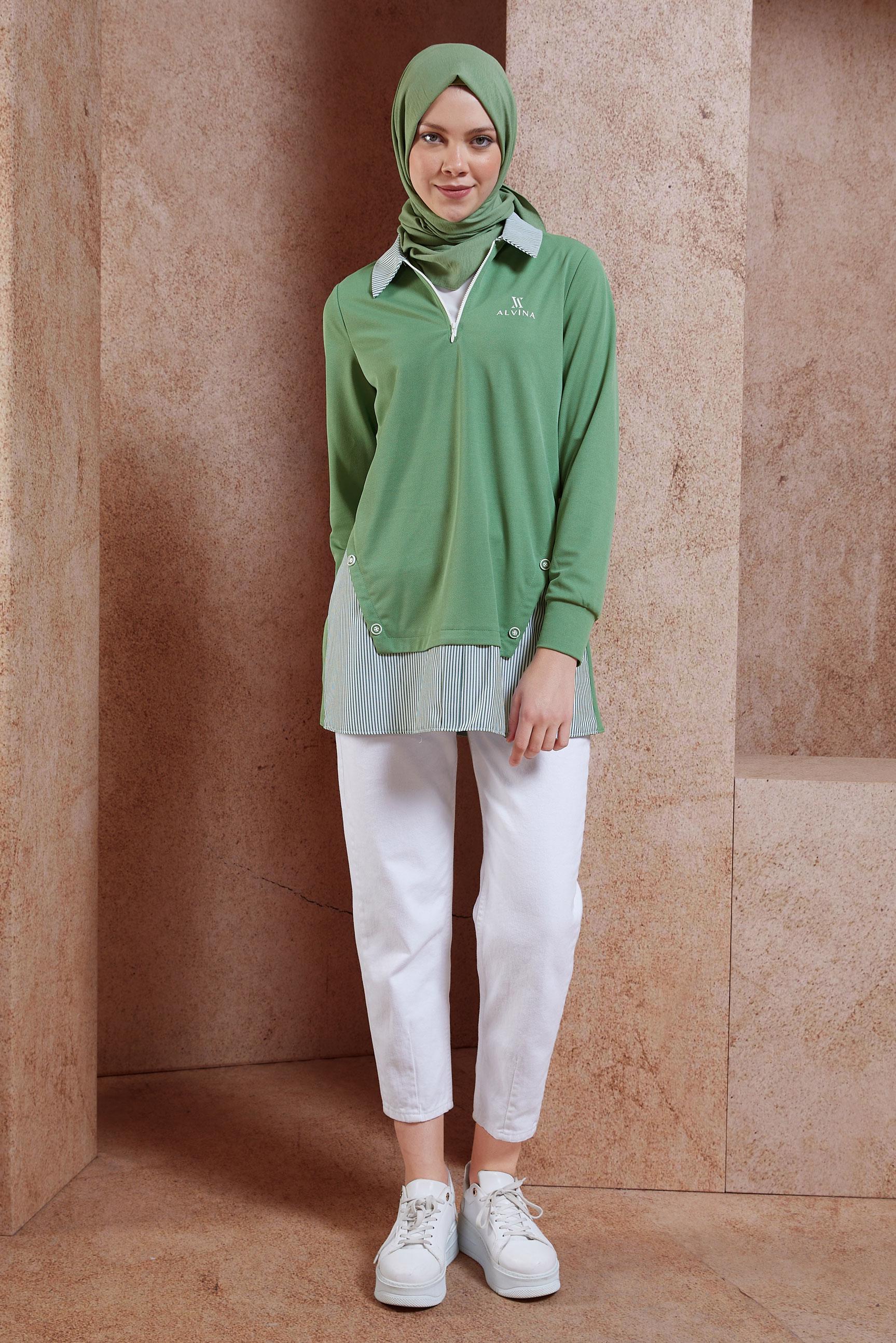 Tesettür giyim YEŞİL ÇİZGİLİ EŞOFMAN TUNİK 44750