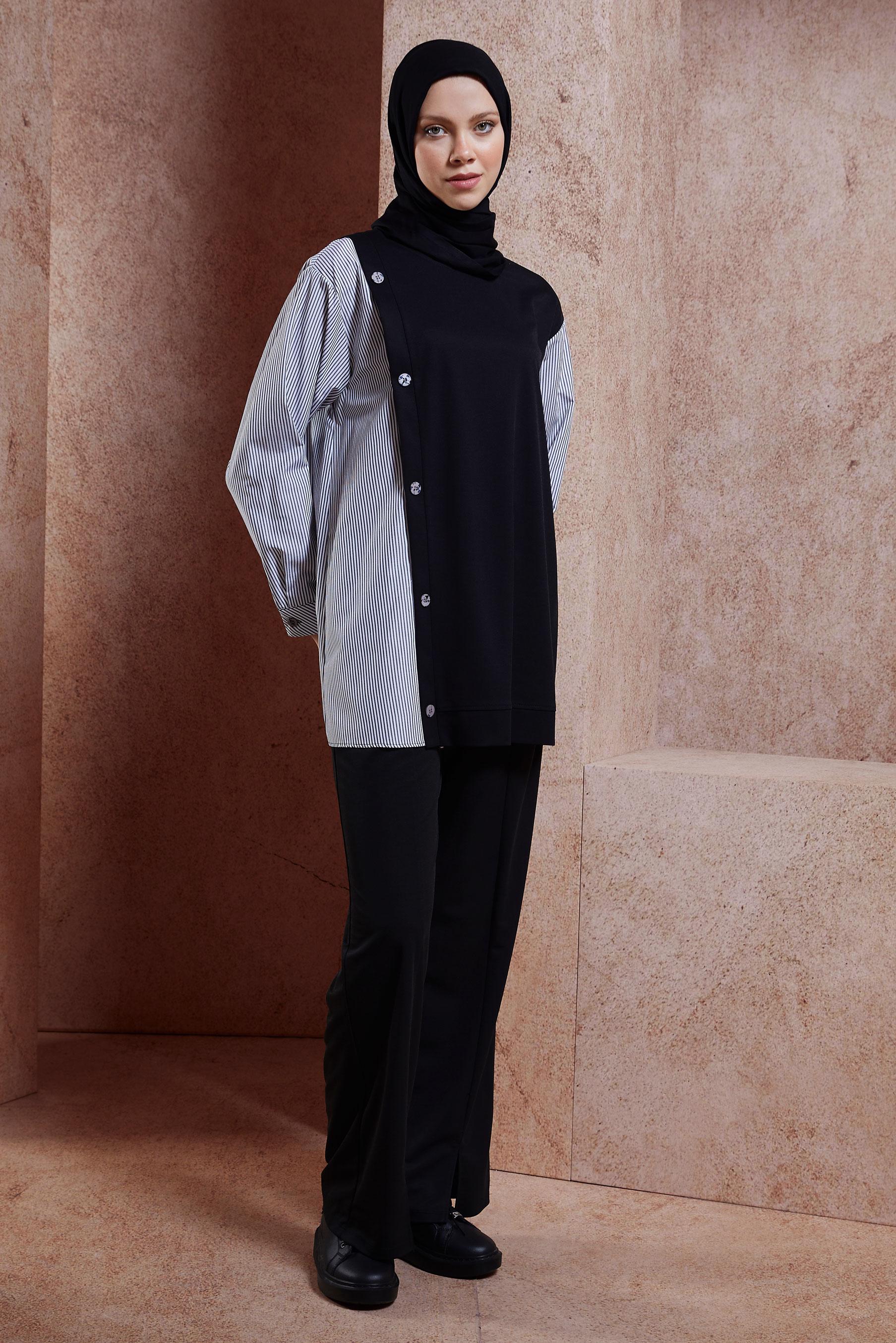 Tesettür giyim SİYAH GARNİLİ EŞOFMAN TUNİK 44751