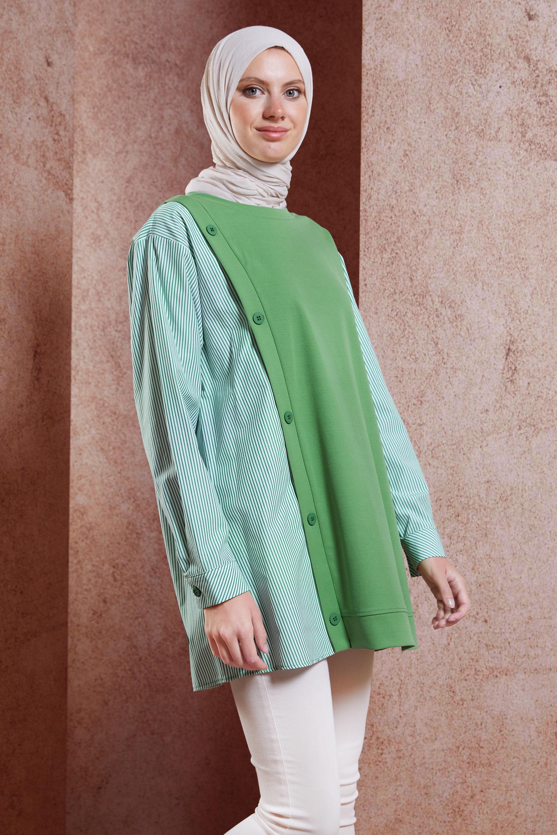 Tesettür giyim YEŞİL GARNİLİ EŞOFMAN TUNİK 44751