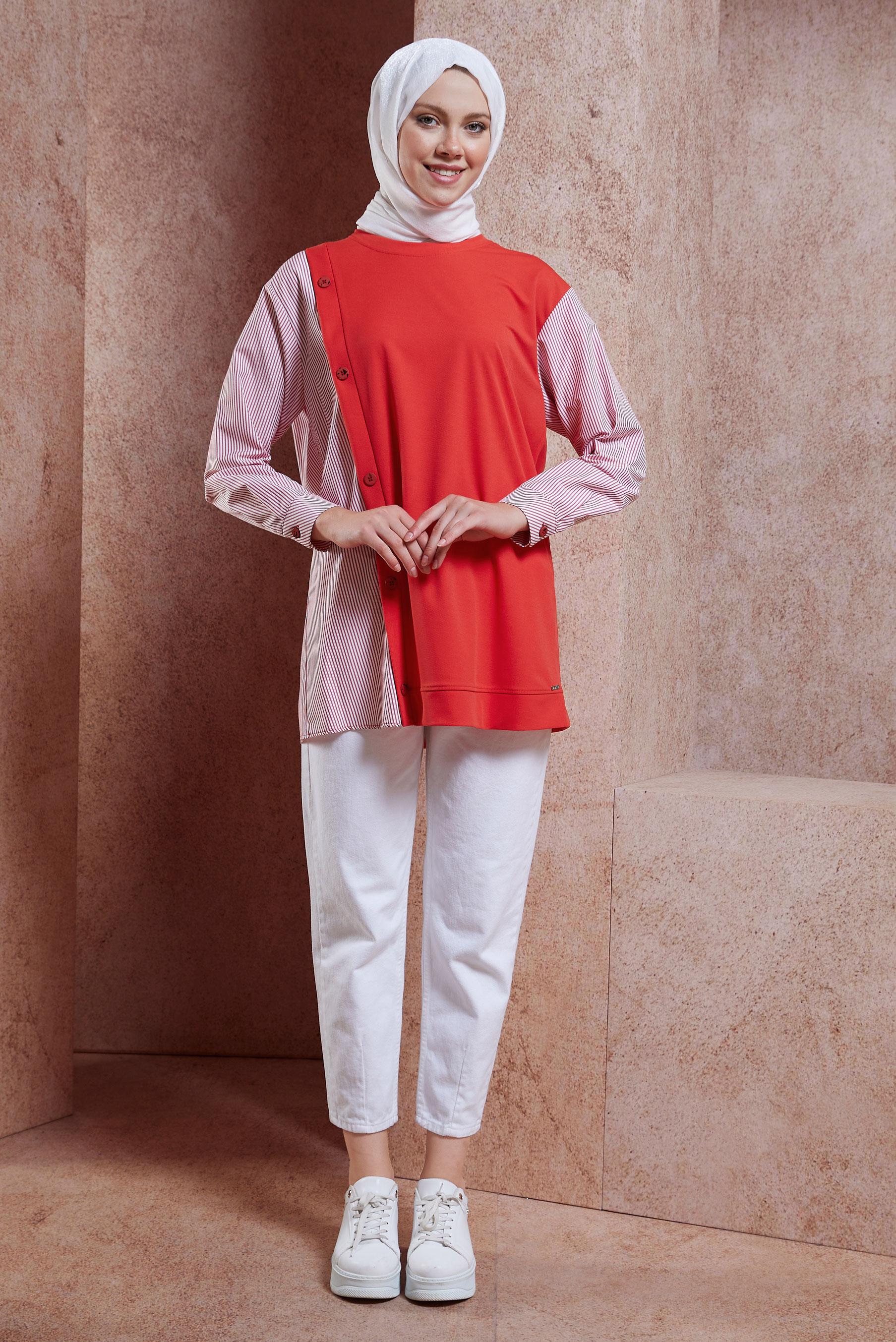 Tesettür giyim KIRMIZI GARNİLİ EŞOFMAN TUNİK 44751