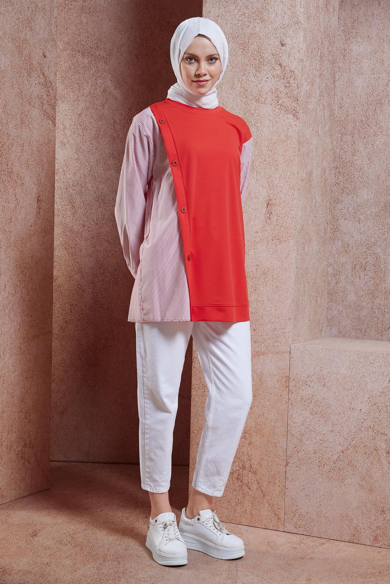 Tesettür giyim KIRMIZI GARNİLİ EŞOFMAN TUNİK 44751