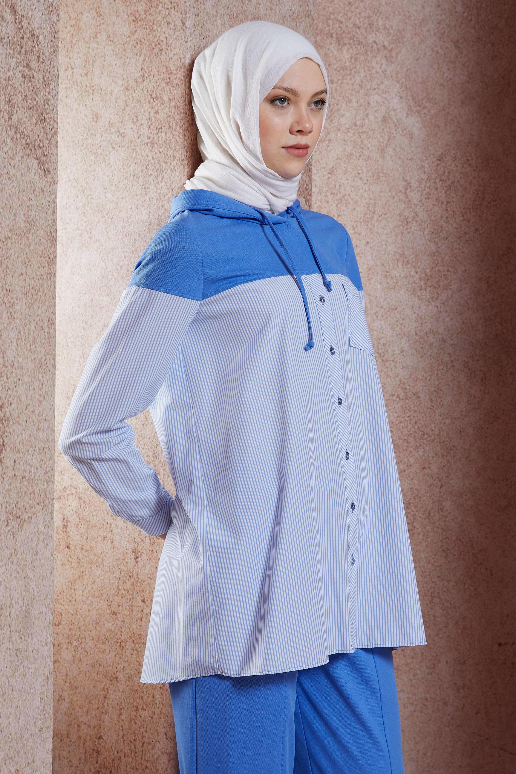 Tesettür giyim MAVİ KAPÜŞONLU PANTOLONLU EŞOFMAN TAKIM 44752