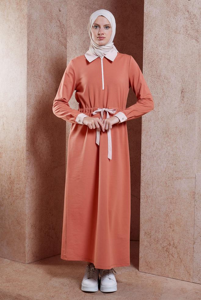 Tesettür giyim TURUNCU BAĞCIKLI EŞOFMAN ELBİSE 44753 - ALVİNA